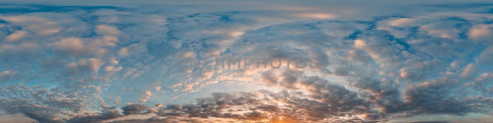 Bright sunset sky panorama with Cirrus clouds. Seamless hdr spherical equirectangular 360 panorama. Sky dome or zenith for 3D visualization, game and sky replacement for aerial drone 360 panoramas.