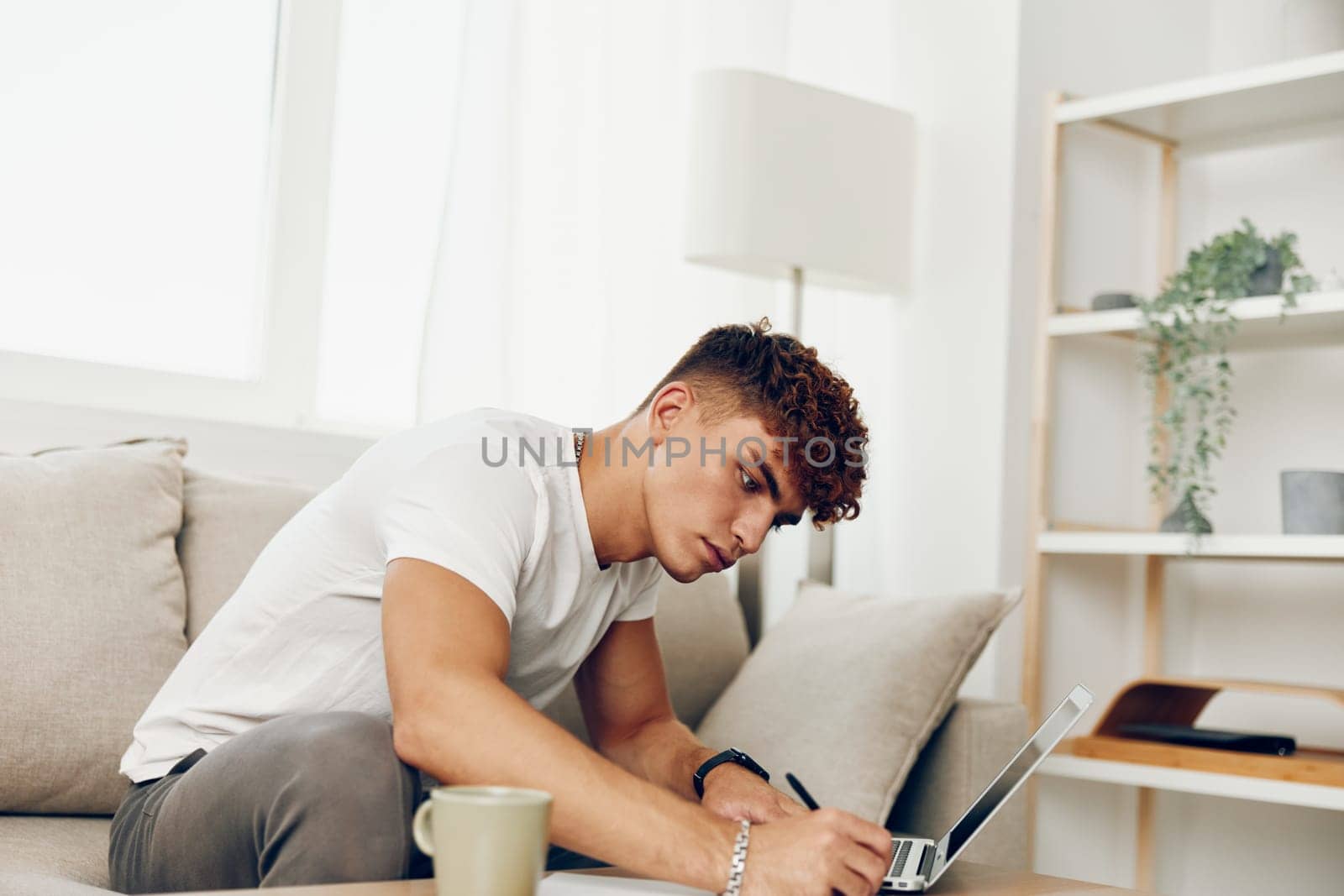 man interior caucasian internet lifestyle wireless couch phone looking adult computer technology business call education