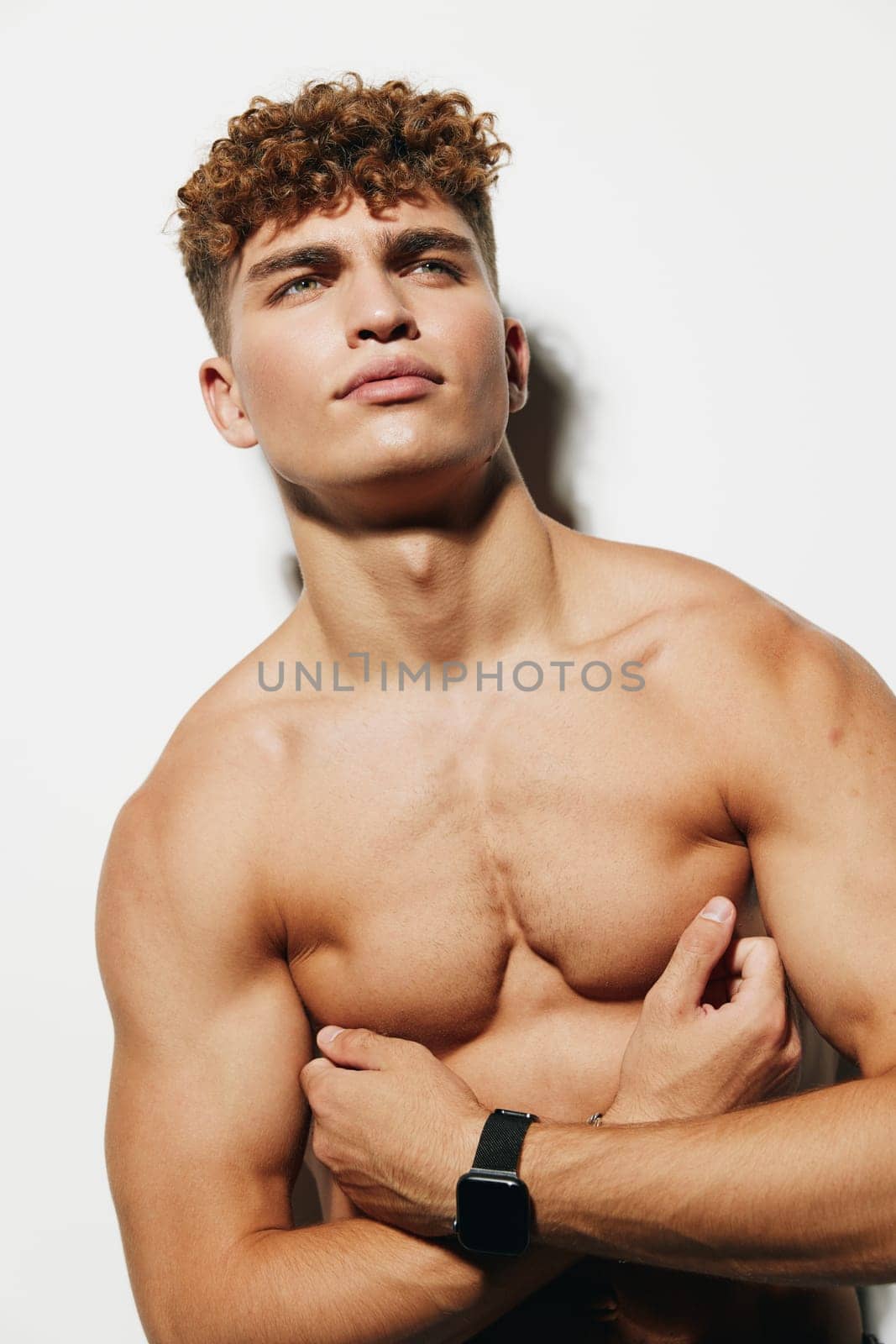 man sport athlete chest studio background adult model body athletic attractive muscular jeans smile torso