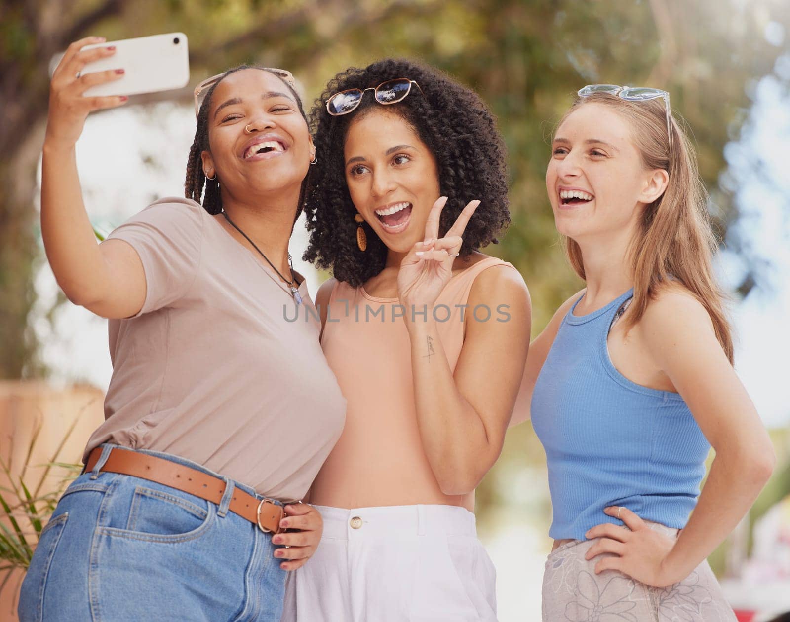 Women friends, park selfie and peace sign with diversity, happy laugh and sunshine with smile on holiday. Black woman, girl or profile picture with solidarity, excited gen z students and social media.