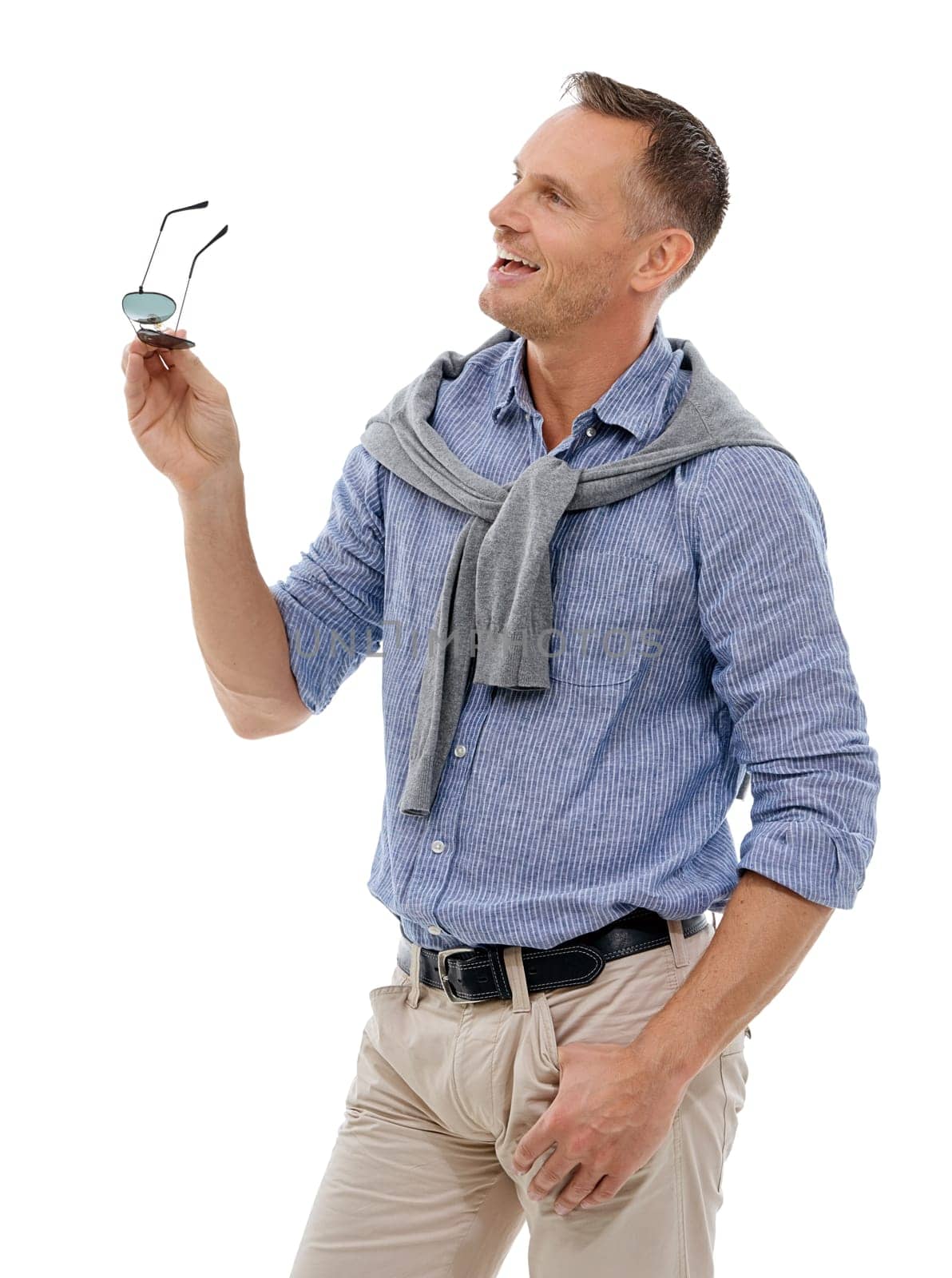 Happy, man and mature person with isolated white background in a studio feeling calm. Sunglasses, vacation fashion and holiday clothes of a male model with mockup and happiness with a smile.