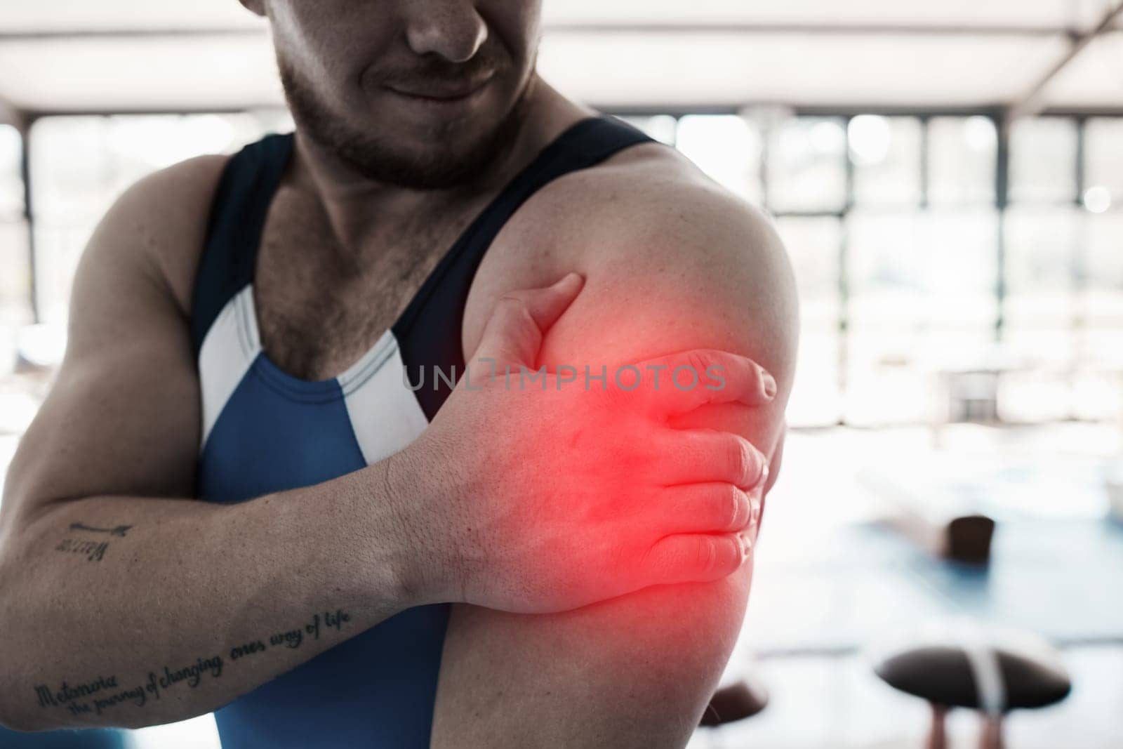 Shoulder pain, sport injury and man with fitness, muscle tension and hand, gymnast at gym and red overlay. Sports accident, medical emergency and person at gymnastics, competition and inflammation by YuriArcurs