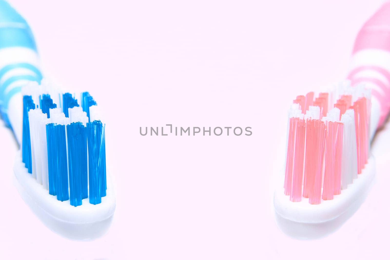 Pink blue toothbrush on white background close up by jovani68