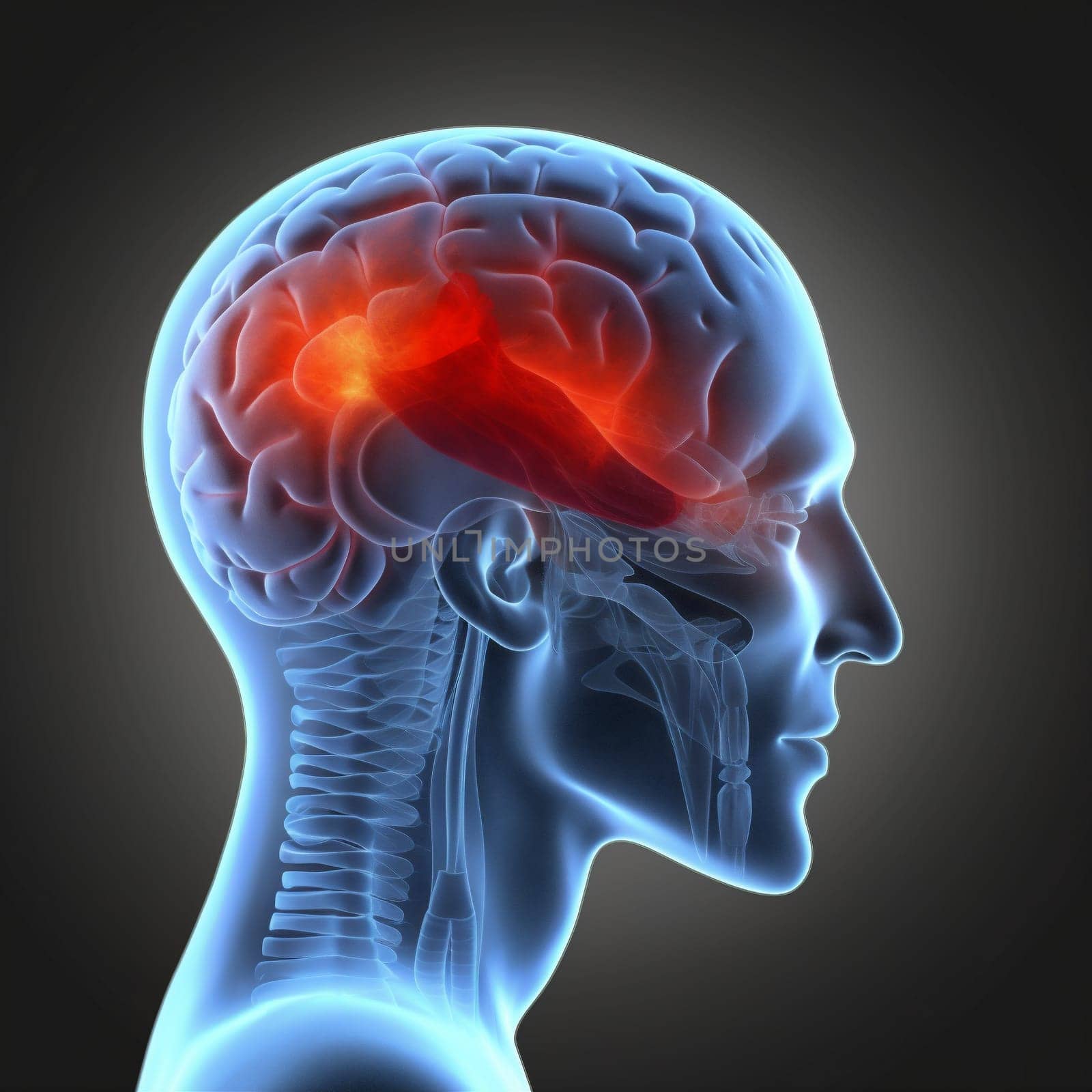 pain medical head anatomy blue red x-ray brain medicine headache. Generative AI. by SHOTPRIME