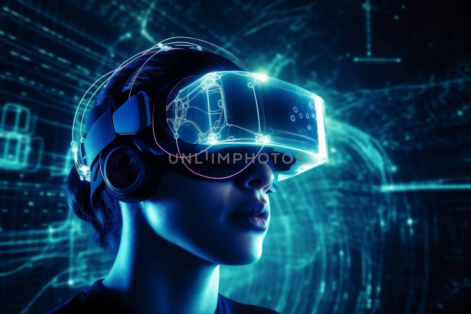 woman headset line device screen glasses concept glow entertainment electronic business innovation cyber digital goggles cyberspace future abstract technology virtual reality. Generative AI.