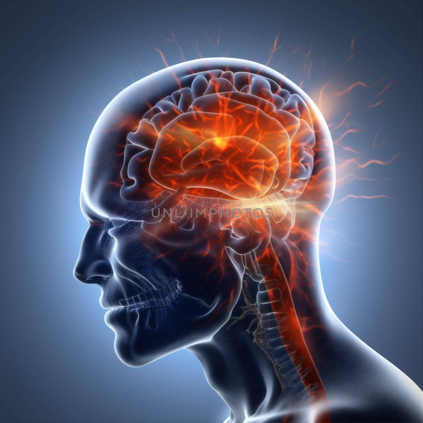 headache pain x-ray head medical red anatomy medicine blue brain. Generative AI. by SHOTPRIME