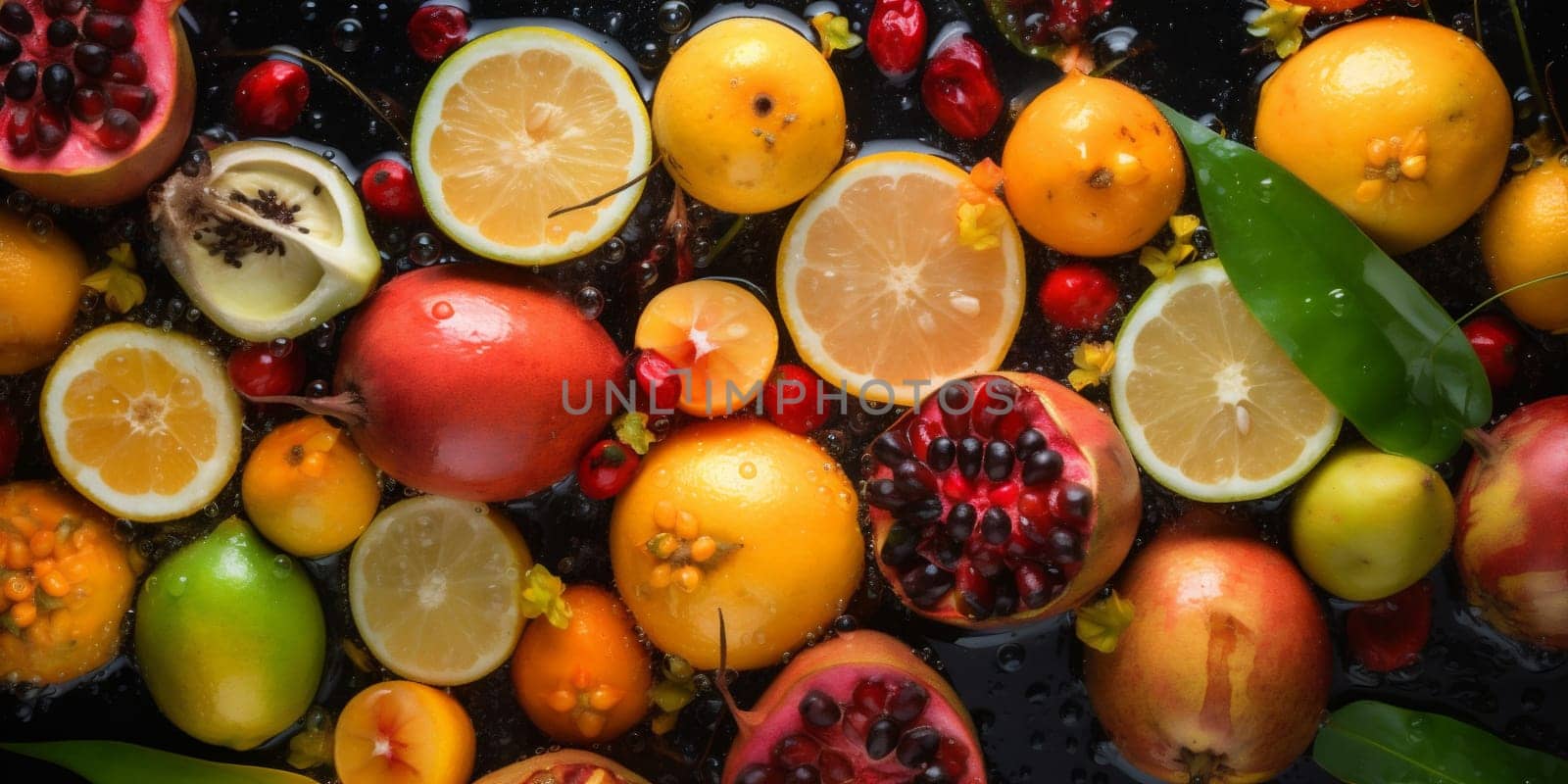 water vitamin drop lemon fresh strawberry green fruit background healthy food. Generative AI. by SHOTPRIME