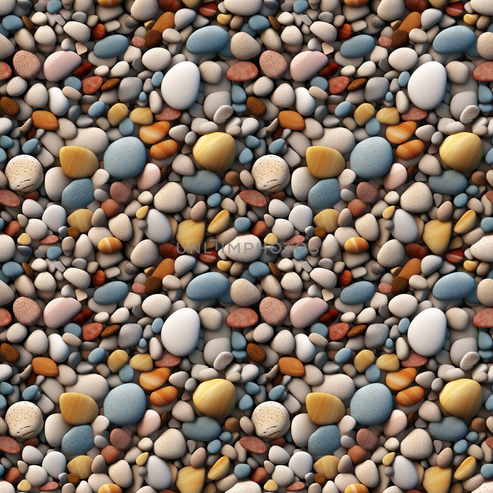 Seamless pattern: Sea stones. Naturally polished and rounded river pebbles repeating background. Realistic 3D illustration. Generated AI