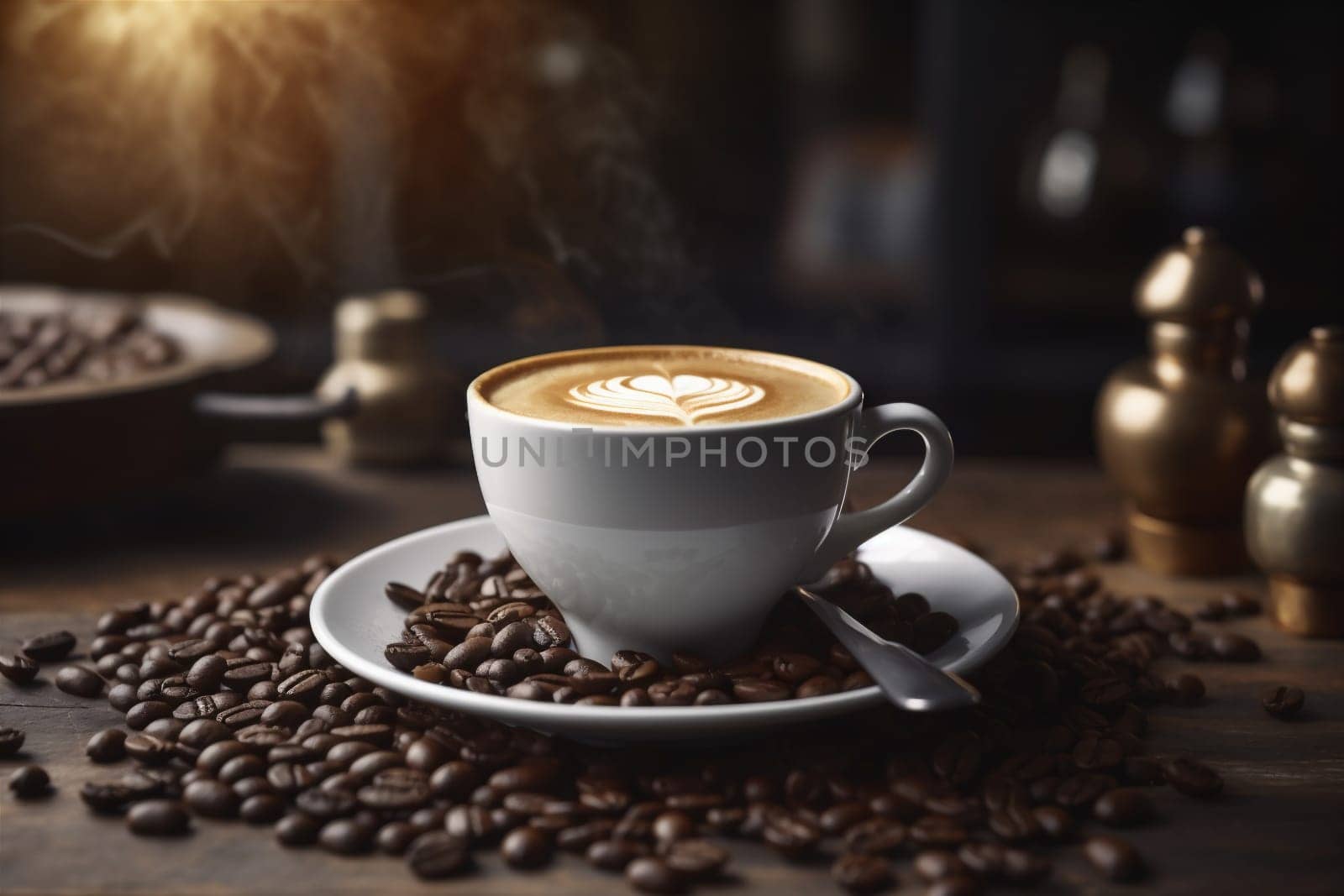 cafe drink bean morning breakfast style wood drink brown close aroma roast natural hot hot background space espresso cup mug grain. Generative AI.