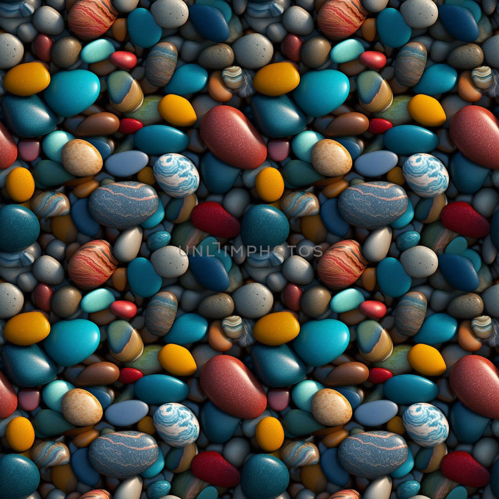 Seamless pattern: Sea stones. Naturally polished and rounded river pebbles repeating background. Realistic 3D illustration. Generated AI