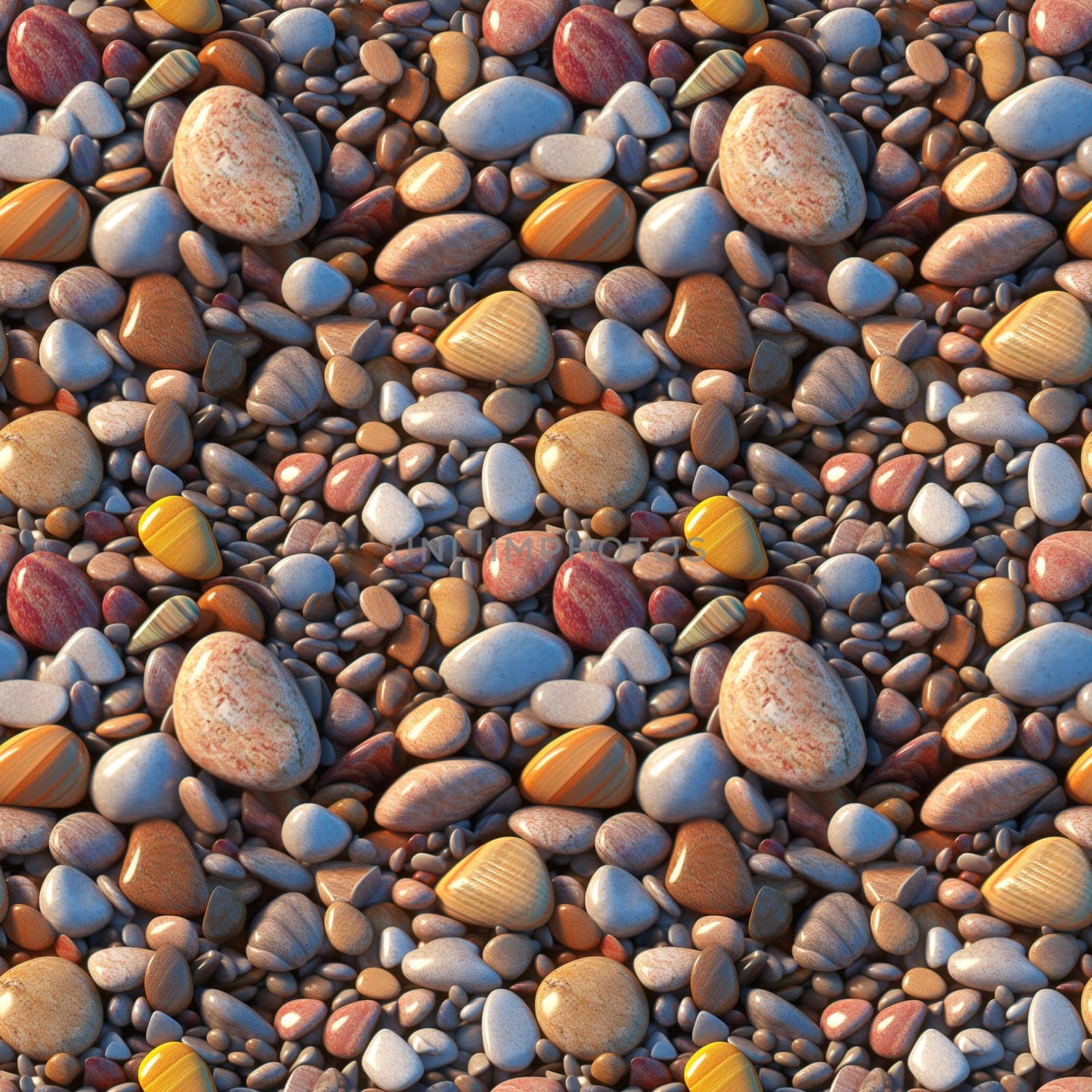 Seamless pattern: Sea stones. Naturally polished and rounded river pebbles repeating background. Generated AI by maclura