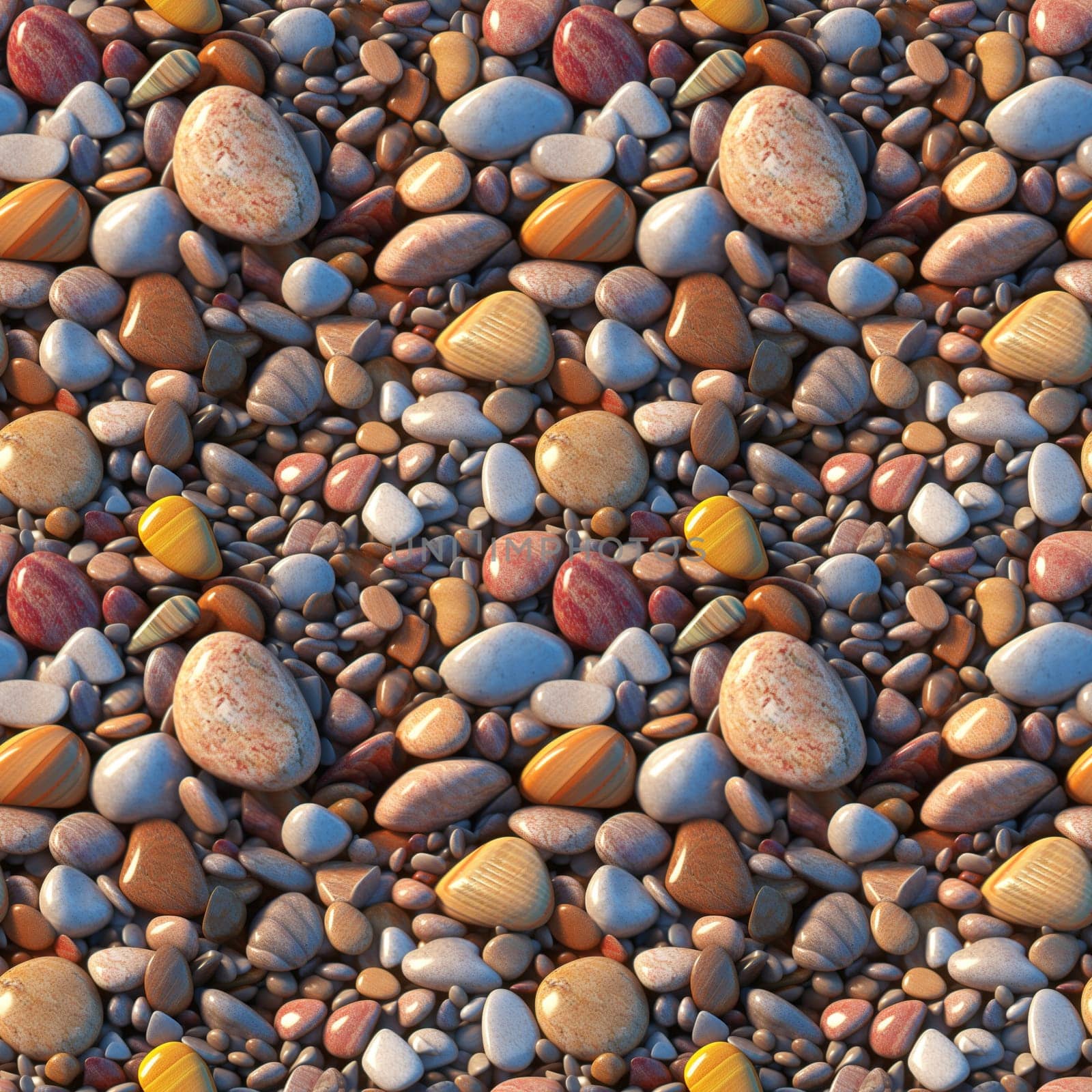 Seamless pattern: Sea stones. Naturally polished and rounded river pebbles repeating background. Realistic 3D illustration. Generated AI