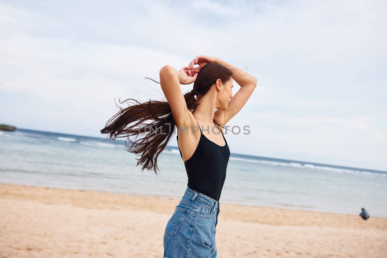 woman beach sunset running travel sea summer young lifestyle beautiful smile by SHOTPRIME