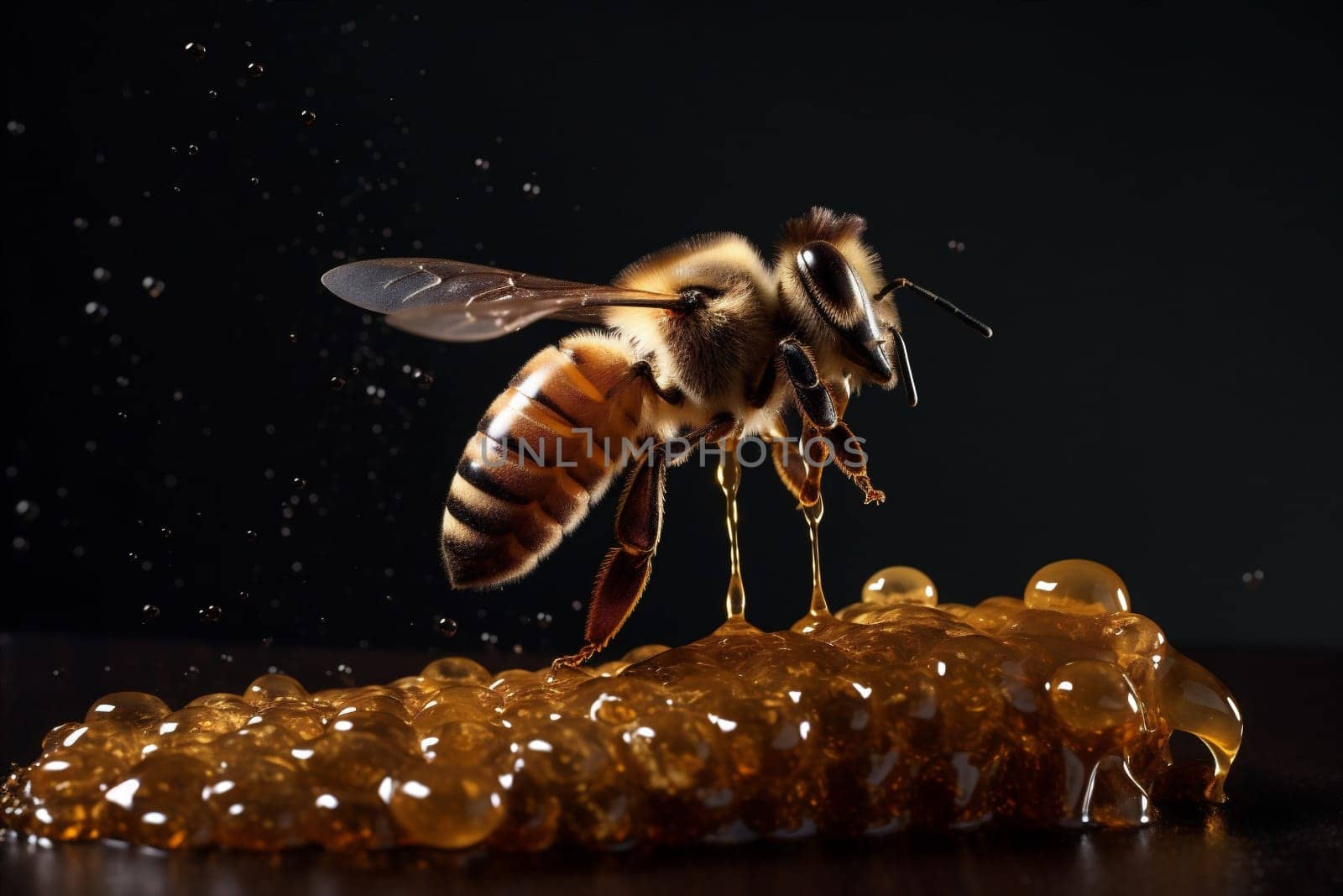 yellow bee insect closeup macro honey bee gold pollen honey background nature. Generative AI. by SHOTPRIME