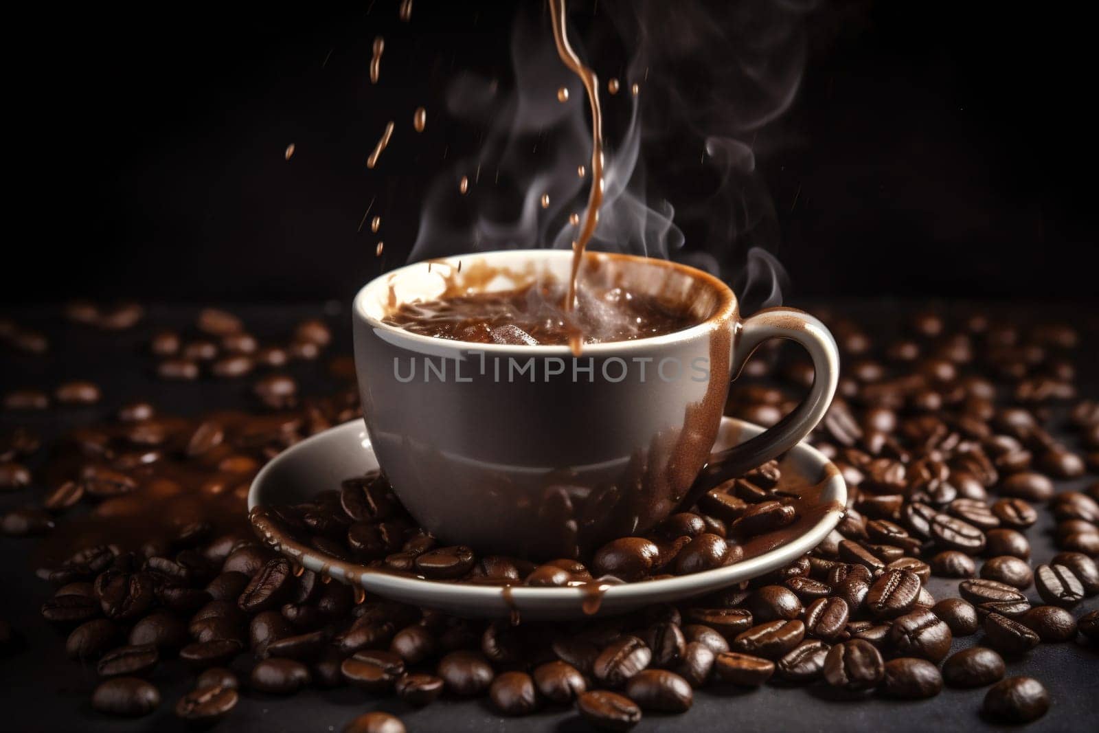 breakfast coffee drink dark aroma hot cafe table mug espresso foam old close cup food space bean retro brown morning. Generative AI.