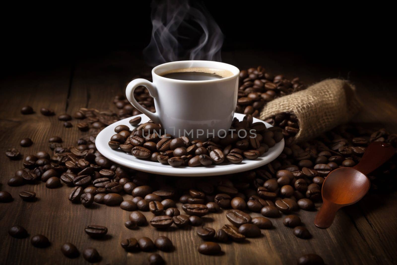 background morning latte white copy vintage cafe hot bean dark drink mug brown aroma retro breakfast wooden beverage espresso cup. Generative AI.