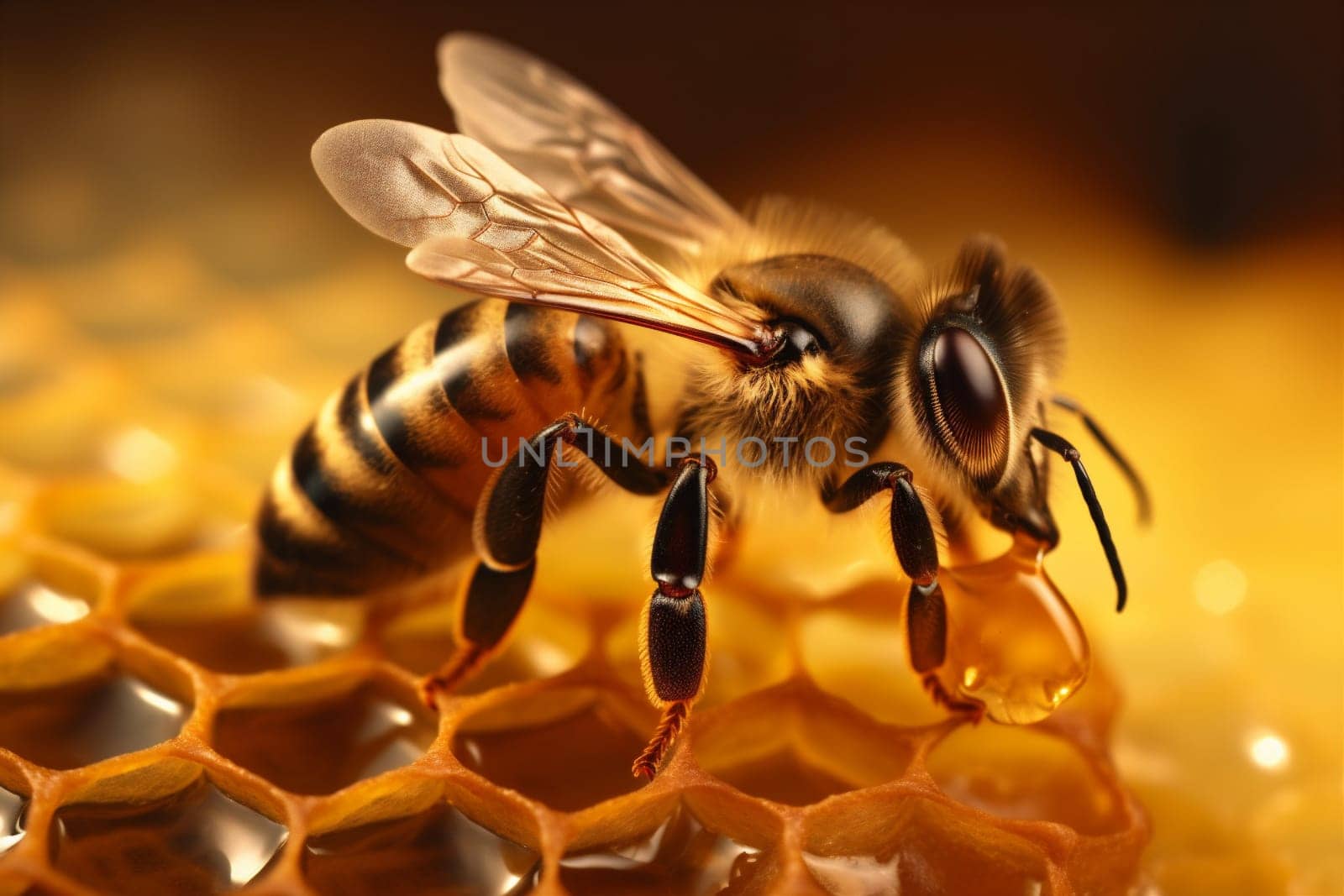 bee insect yellow nectar food sweet wax beehive pollen macro shape natural closeup wild buzz gold wildlife nature background summer honey. Generative AI.