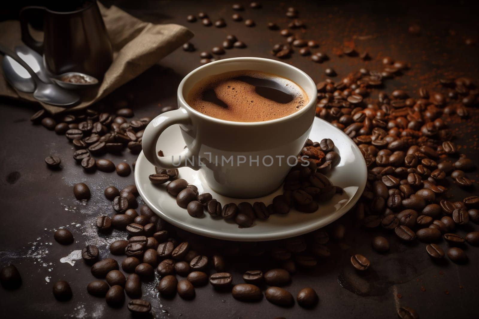 mug morning drink closeup roast vintage breakfast bean texture background coffee espresso wood copyspace brown cup cappuccino table cafe aroma. Generative AI.