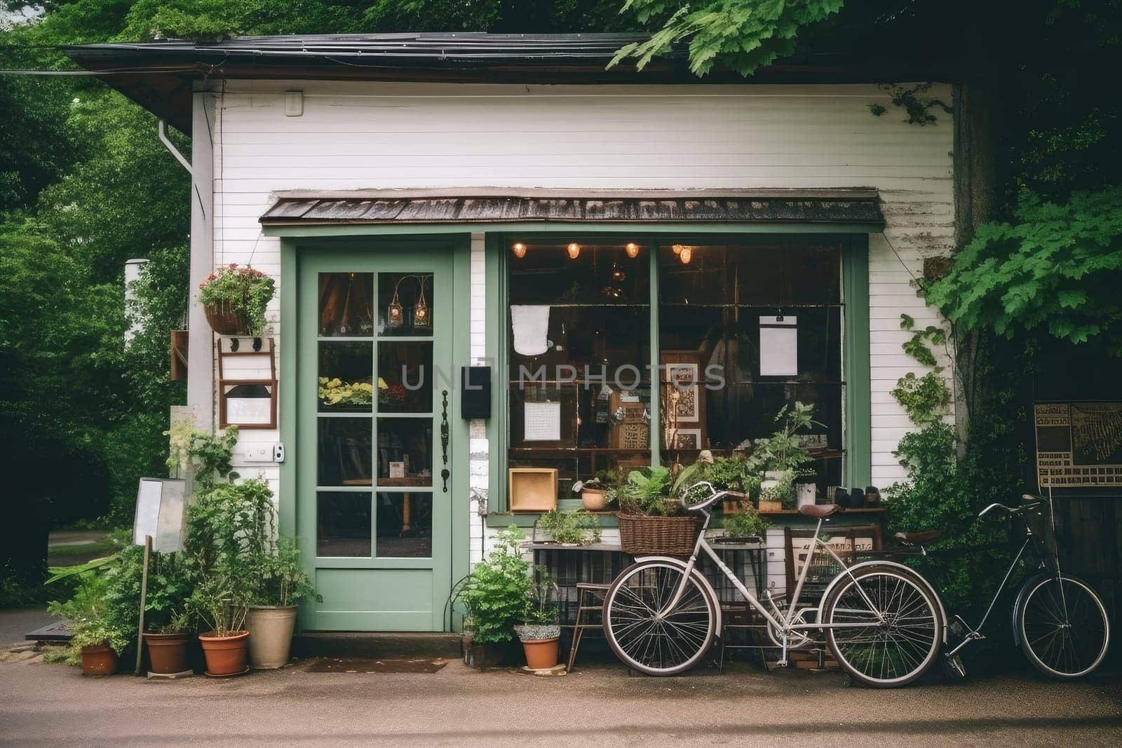 Front of old vintage coffee shop or coffee house, AI Generated