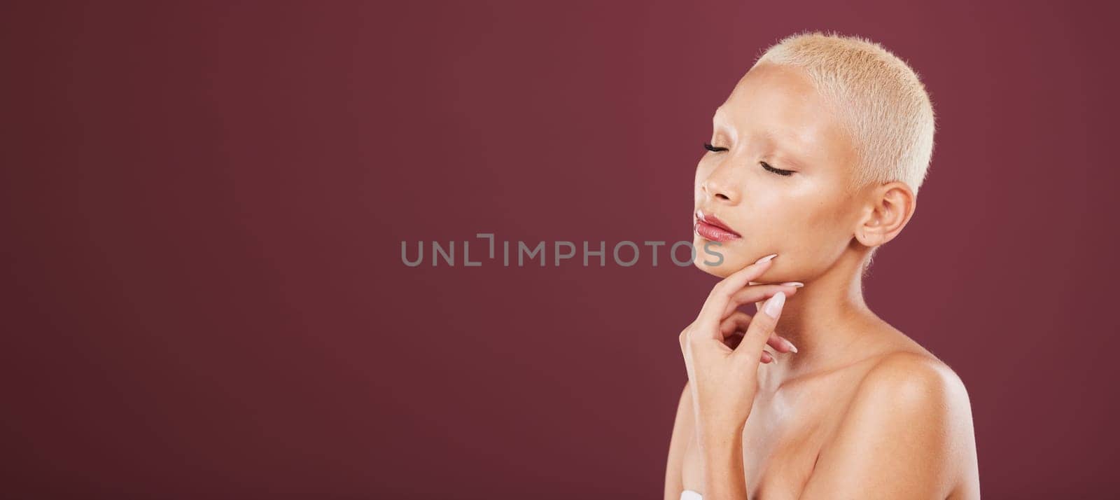 Face, skincare and beauty of woman with eyes closed in studio isolated on a red background mockup. Makeup, cosmetics and female model with beautiful, glowing or healthy skin after facial treatment. by YuriArcurs