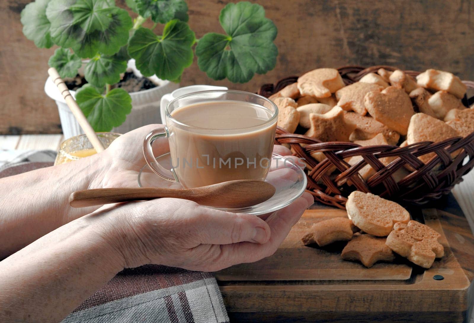 Food background.Healthy homemade food.Elderly woman's hands serve a cup of tea with milk. Still life on a brown background of a rustic kitchen table with a scattering of homemade cookies and honey.