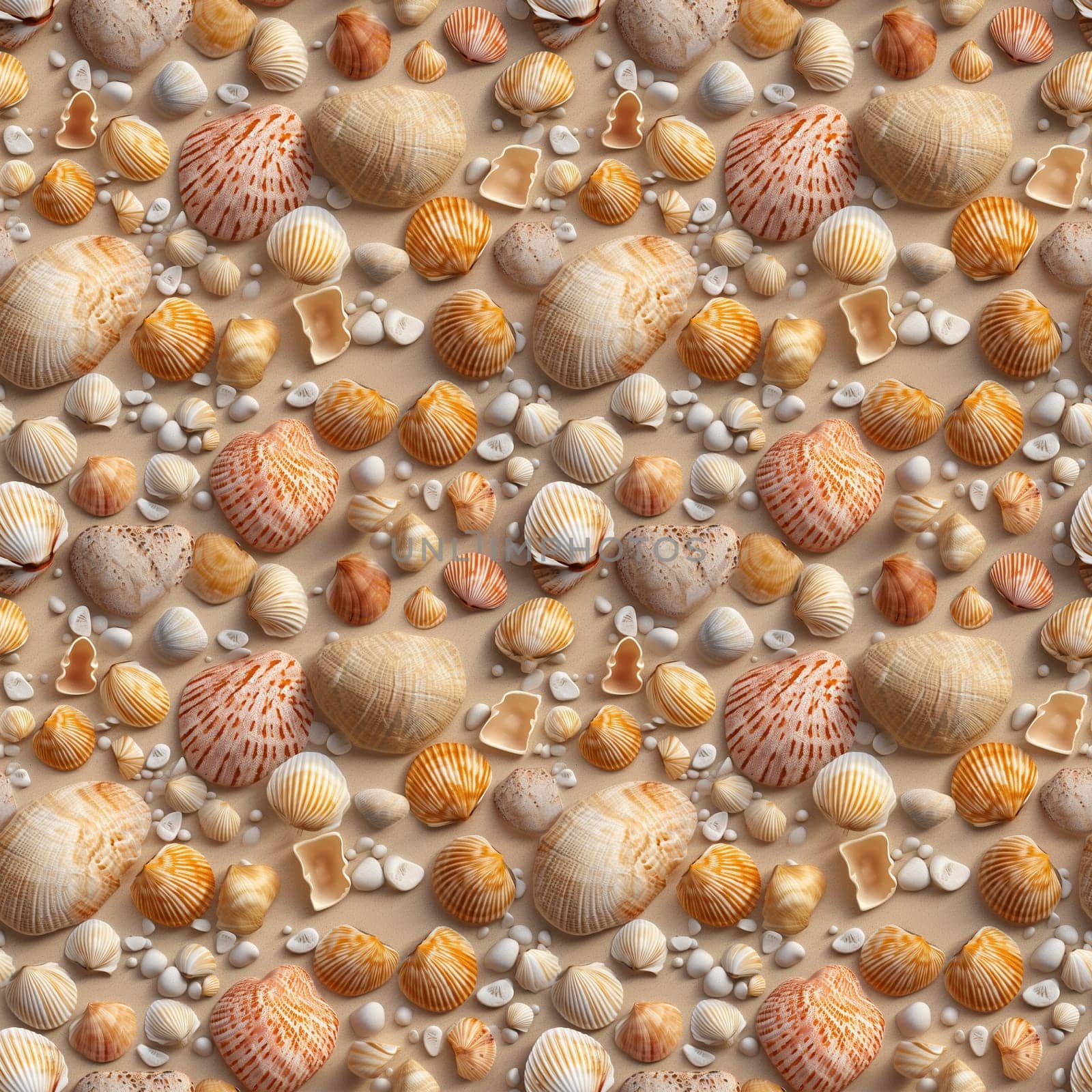 Seamless pattern: sea shells and pebbles on the sand. Realistic 3D illustration. Generated AI by maclura
