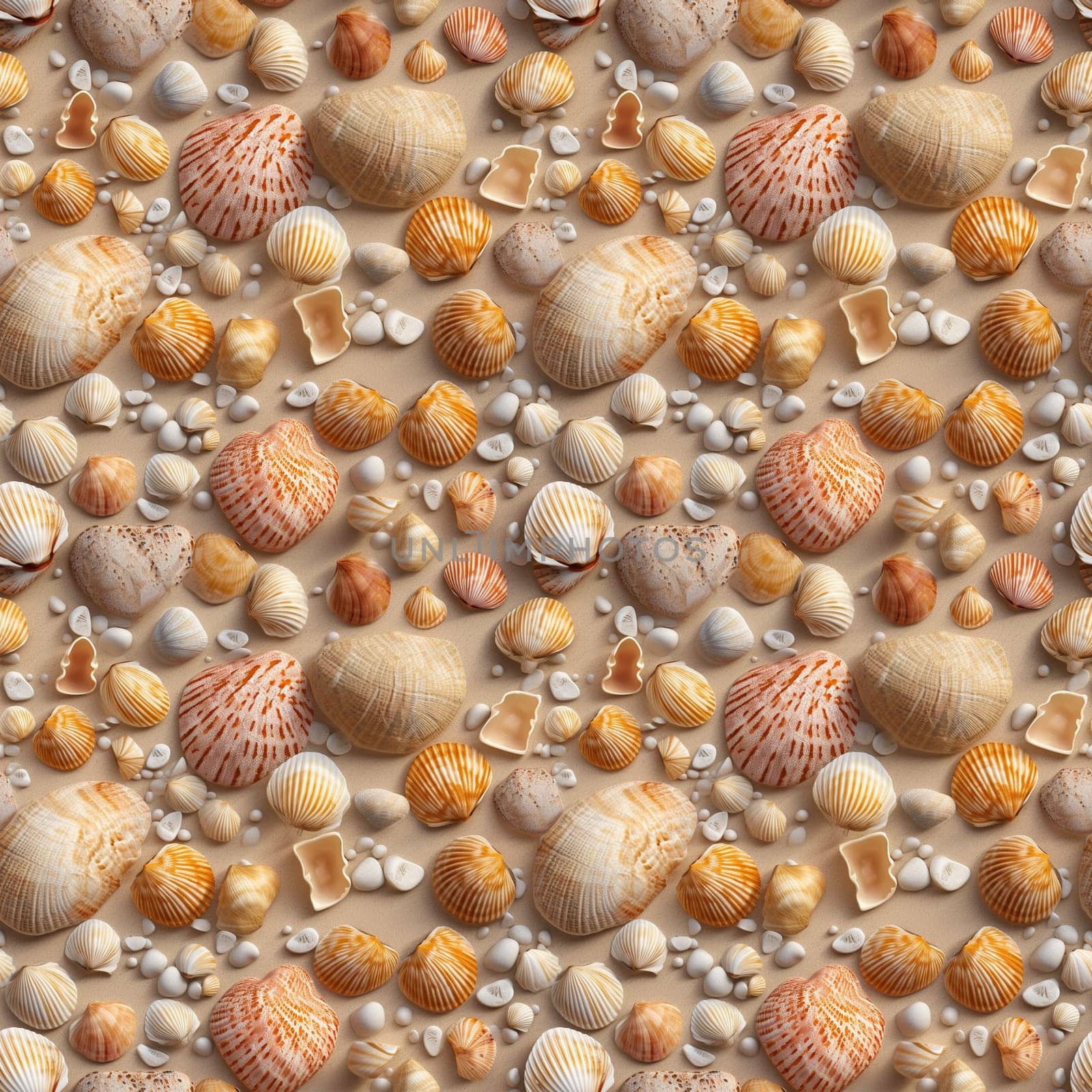 Seamless pattern: sea shells and pebbles on sand. Realistic 3D illustration. Generated AI