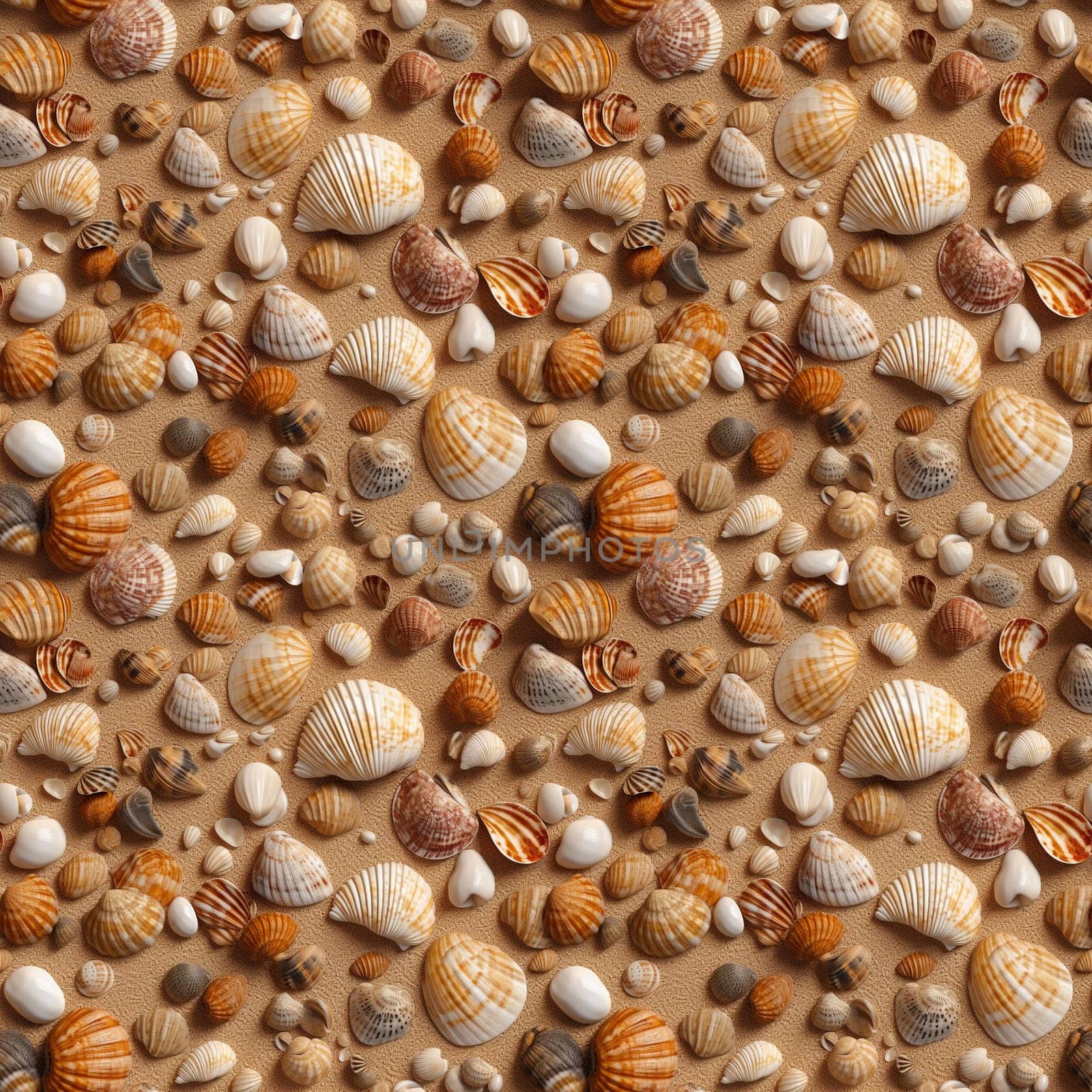 Seamless pattern: sea shells and pebbles on the sand. Realistic 3D illustration. Generated AI by maclura