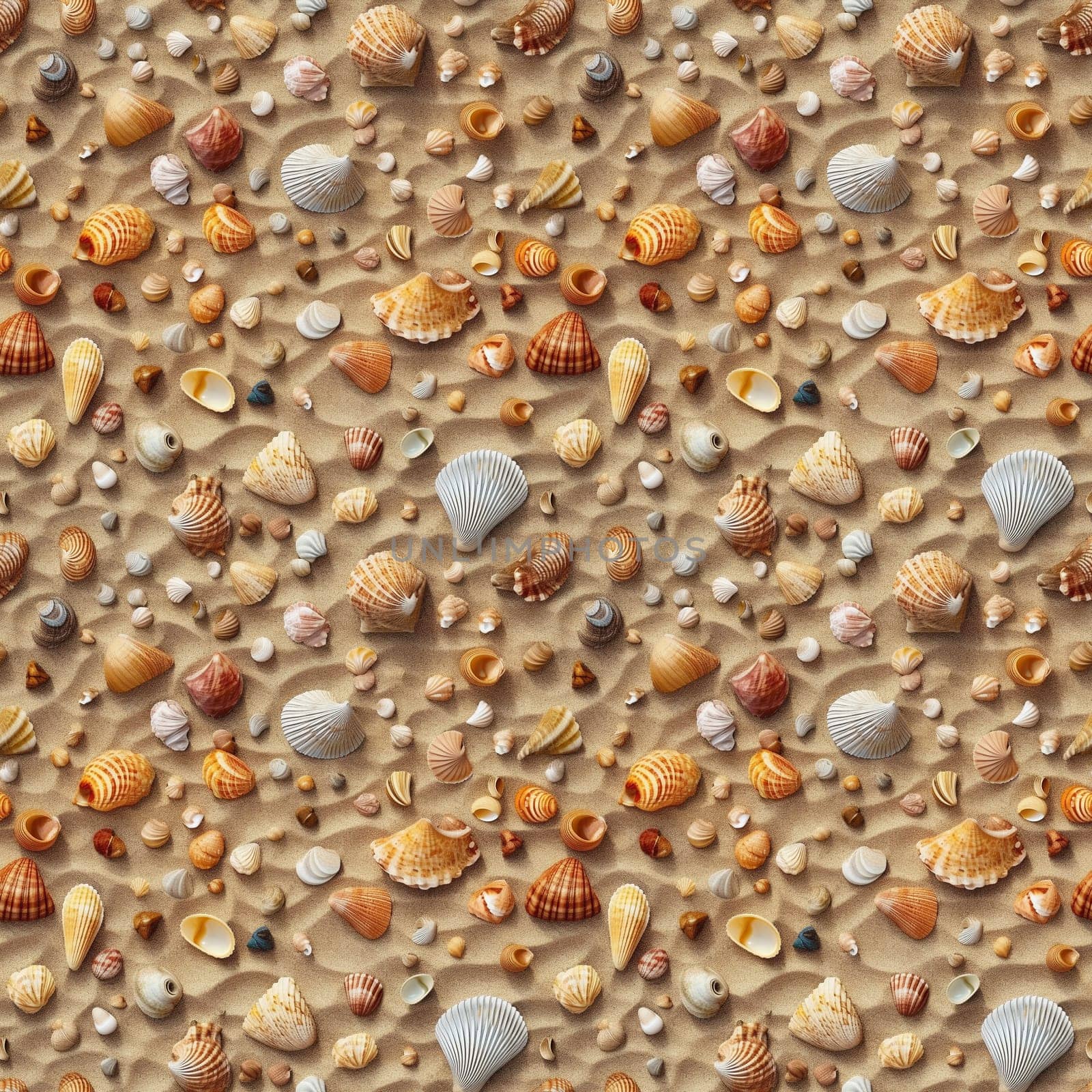 Seamless pattern: sea shells and pebbles on the sand. Realistic 3D illustration. Generated AI by maclura