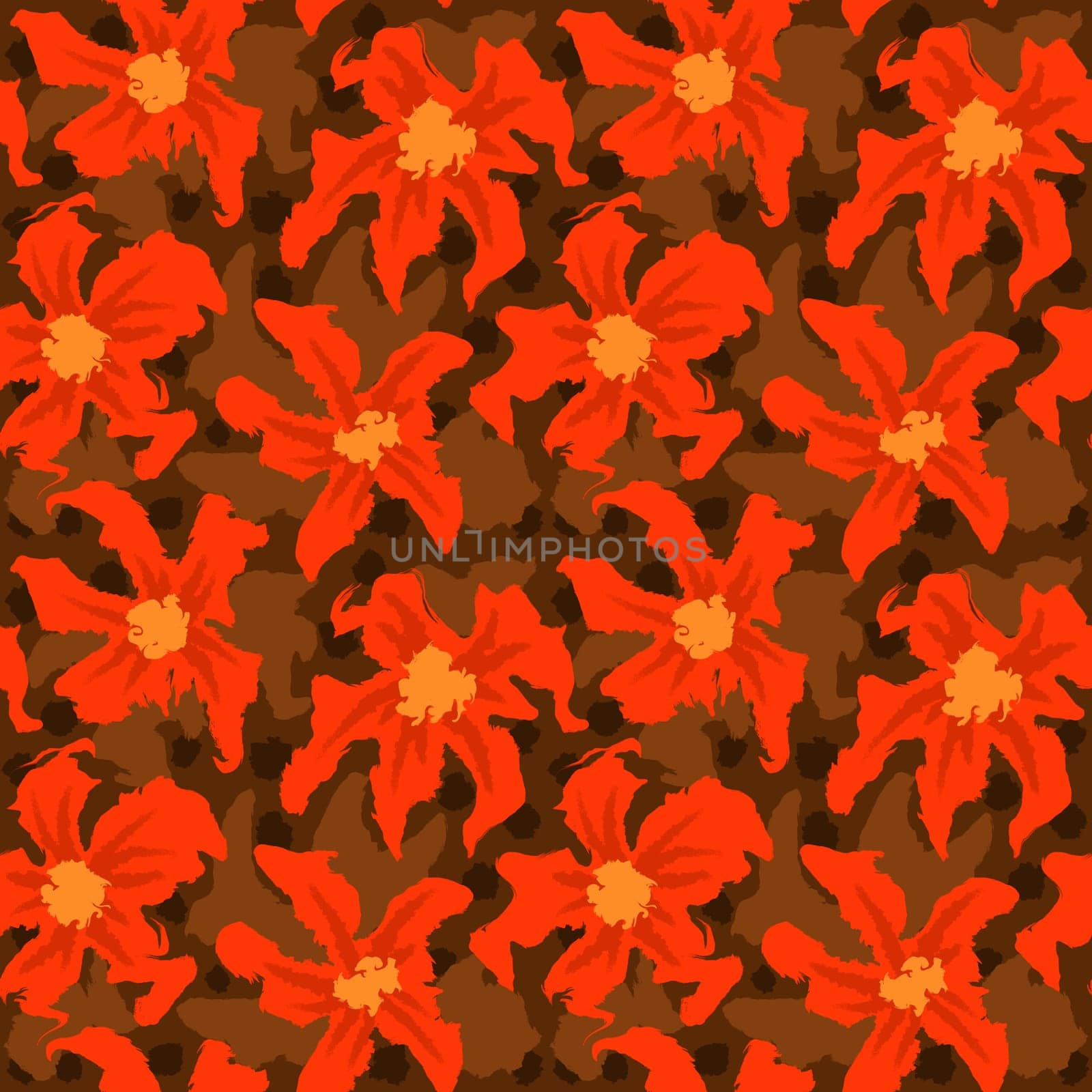 Hand drawn seamless pattern of colorful red orange brown flowers, summer spring floral print. Bright vibrant modern loose bloom blossom, trendy abstract botanical design, daisy lily petal for textile wrapping paper