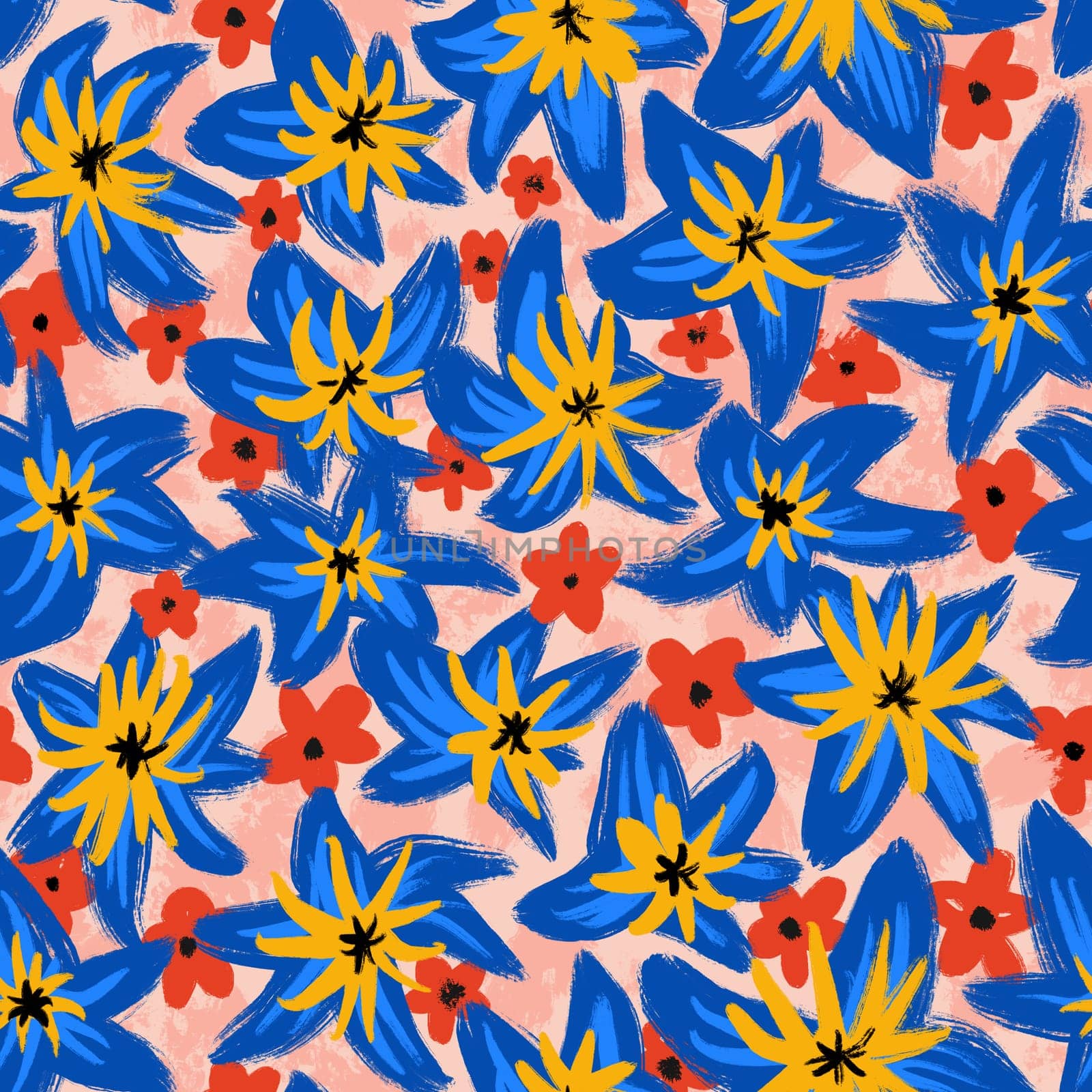 Hand drawn seamless pattern of colorful blue red yellow flowers, summer spring floral print. Bright vibrant modern loose bloom blossom, trendy abstract botanical design, daisy lily petal for textile wrapping paper. by Lagmar