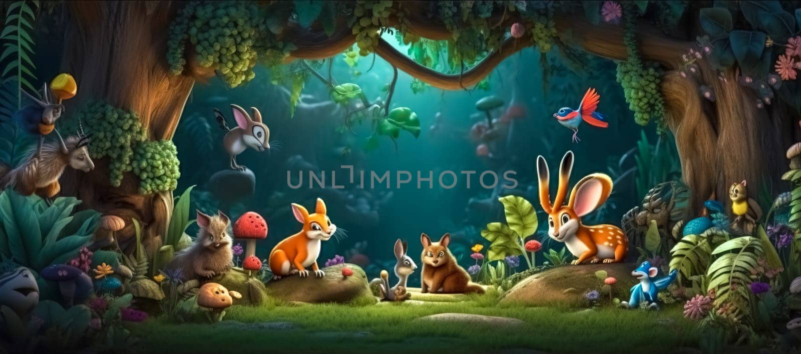 fairytale fantasy magic forest with animals, banner with copy space, made with Generative AI by Edophoto