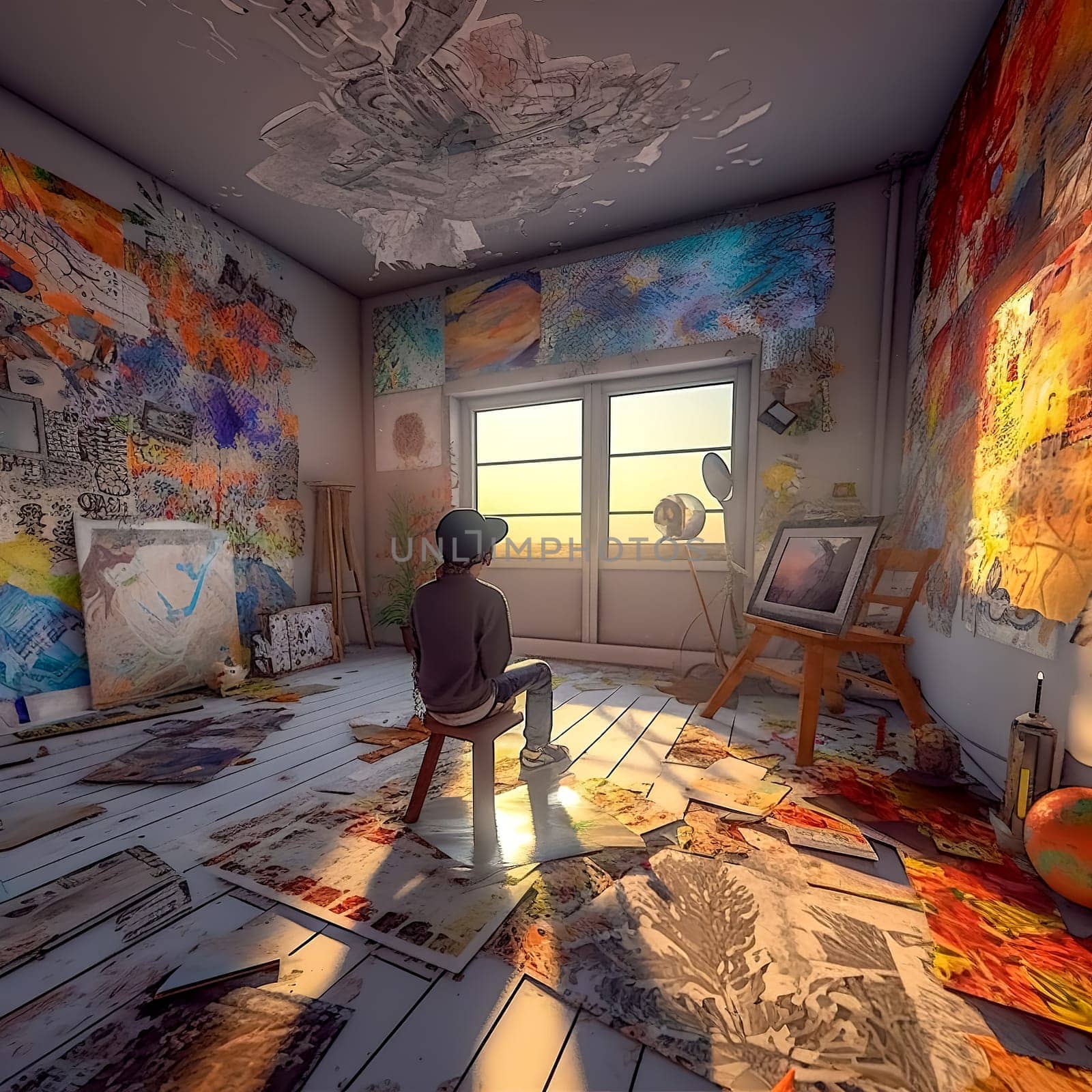 young man in a room with paintings, metaverse, made with Generative AI. High quality illustration