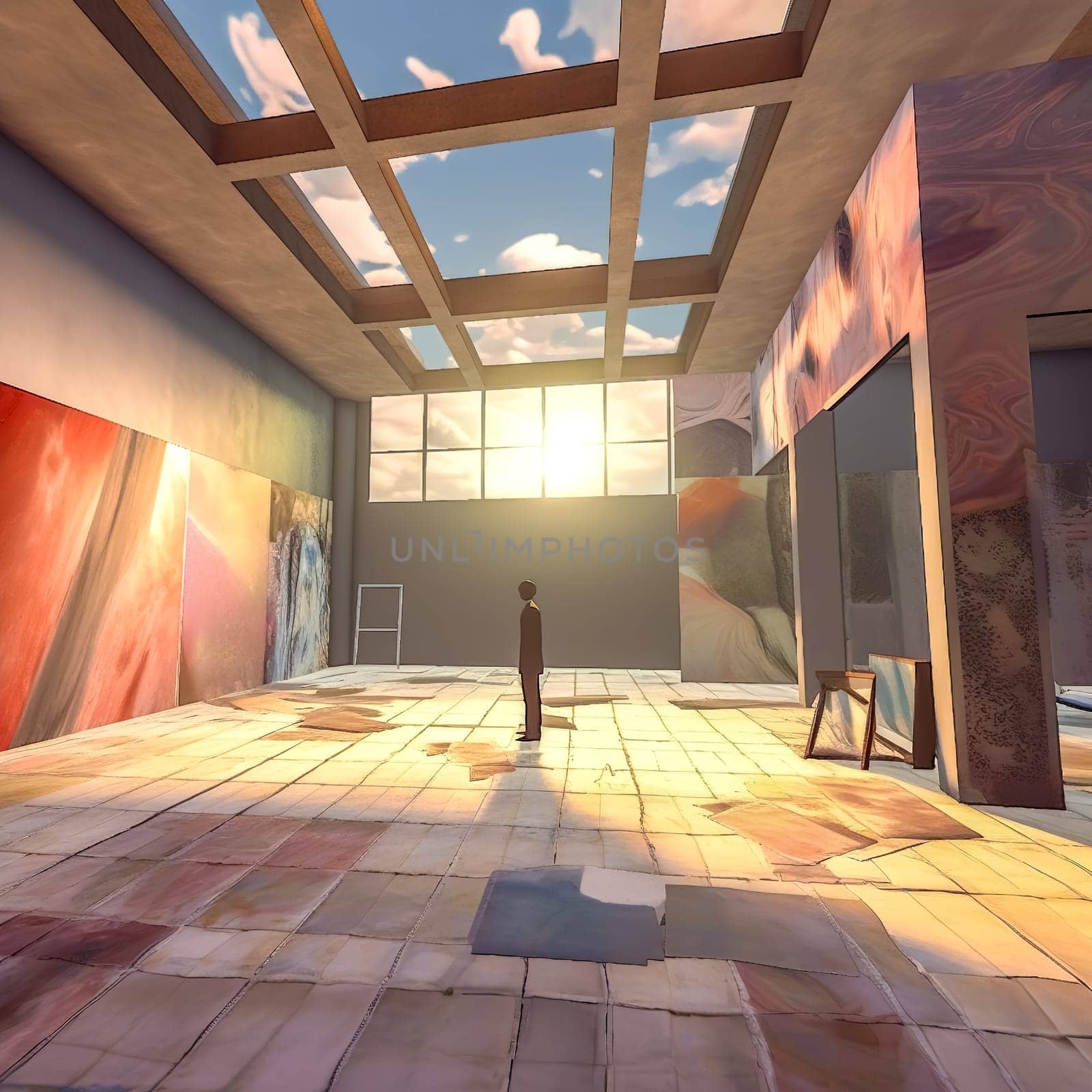 glass room with paintings, metaverse, made with Generative AI by Edophoto