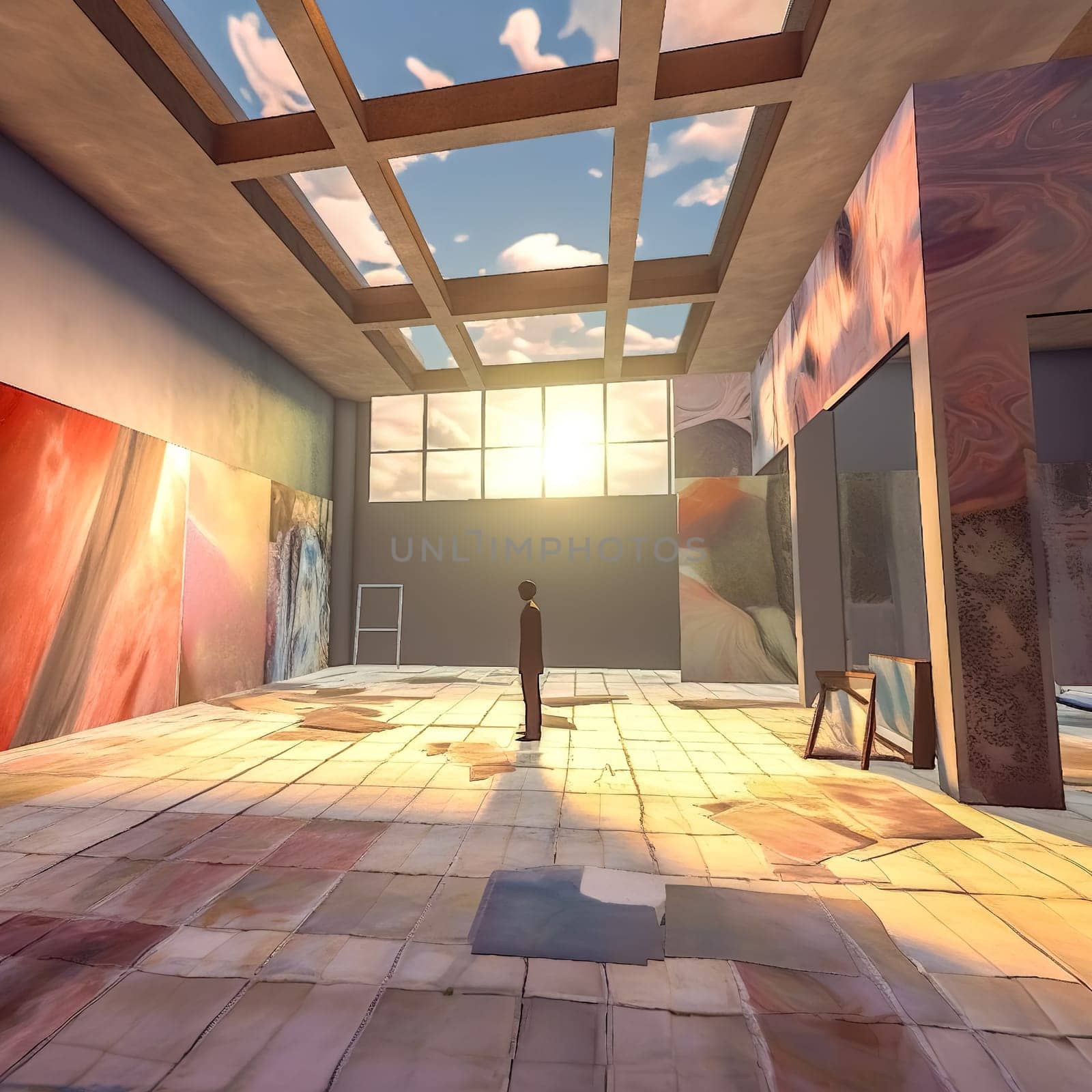 young man in a room with paintings, metaverse, made with Generative AI. High quality illustration