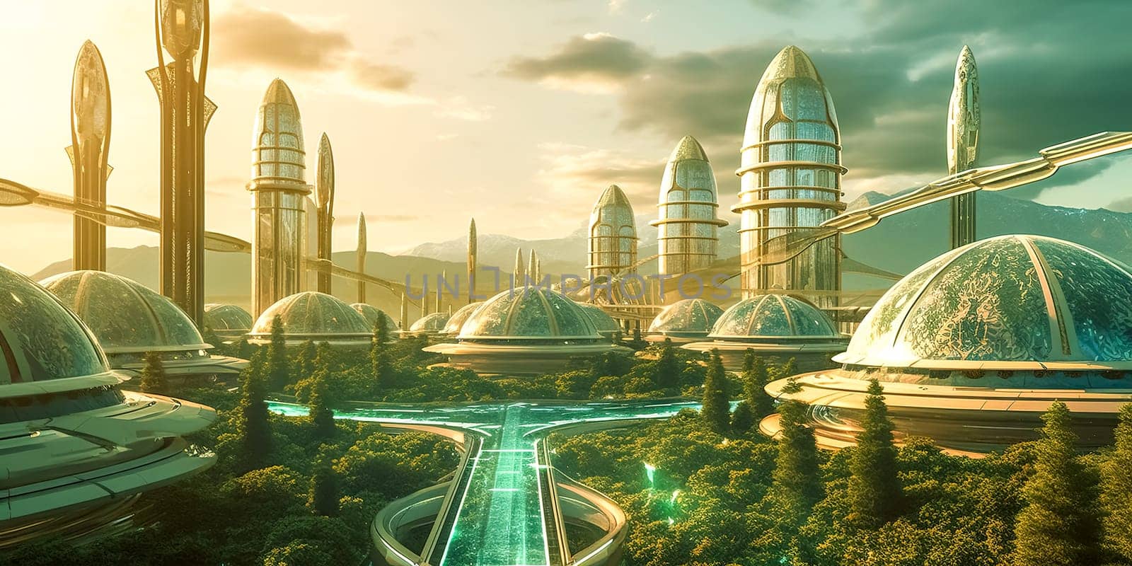 ecologically sustainable city of the future, made with Generative AI. High quality illustration