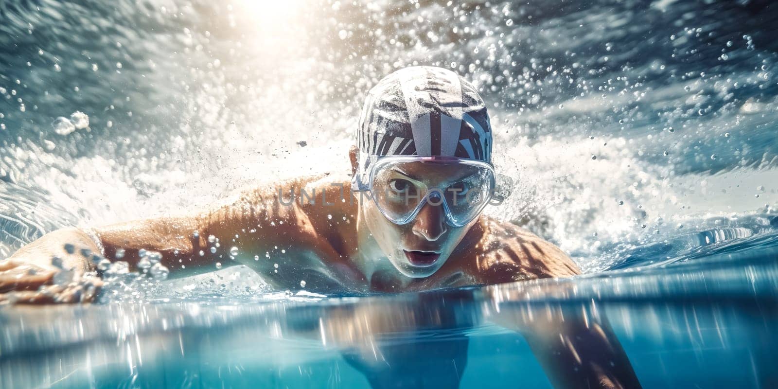 close-up of a swimmer competing in a pool, made with Generative AI. High quality illustration