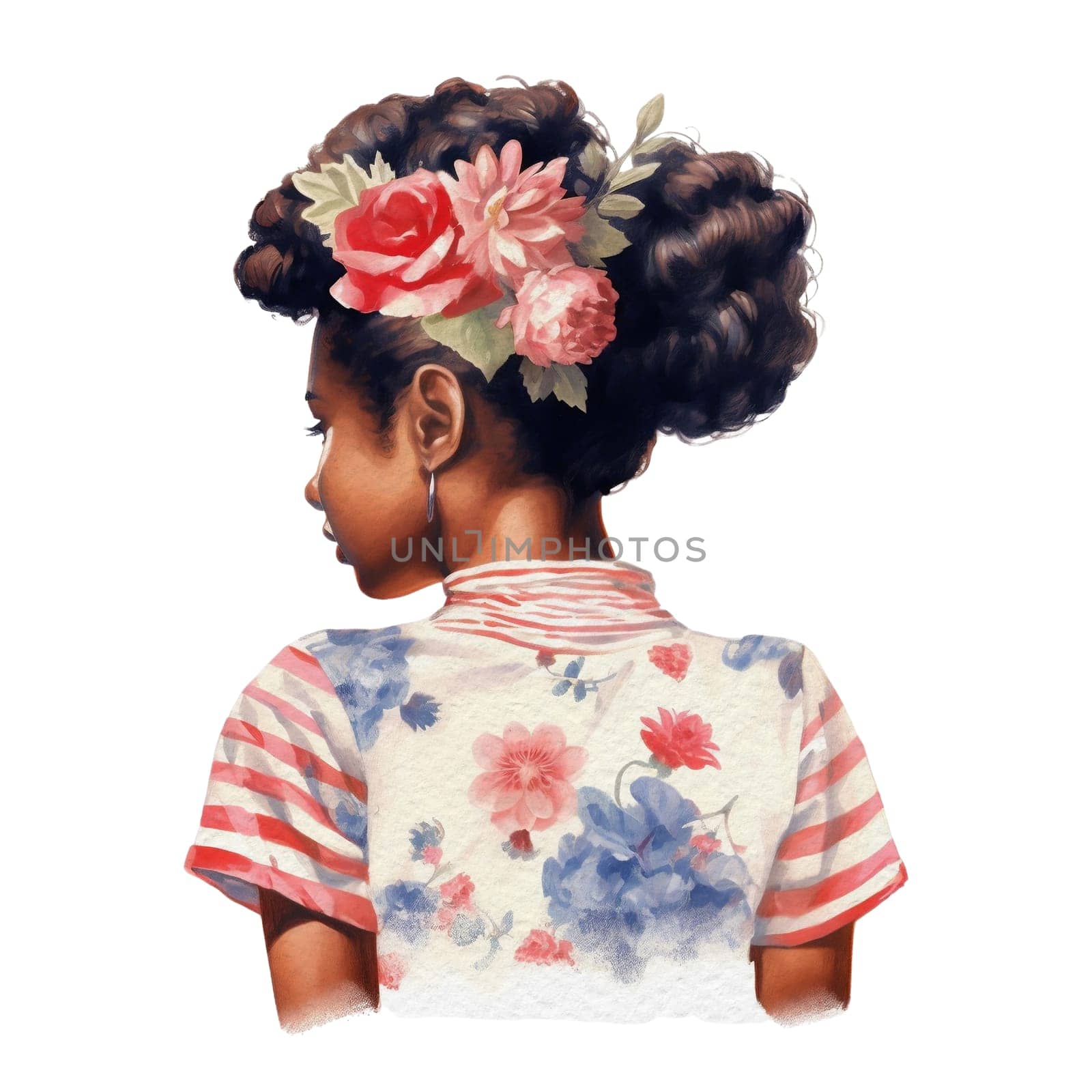 Watercolor American Messy Bun. Cute Afro American Girl with 4th of July accessories Illustration Clipart by Skyecreativestudio