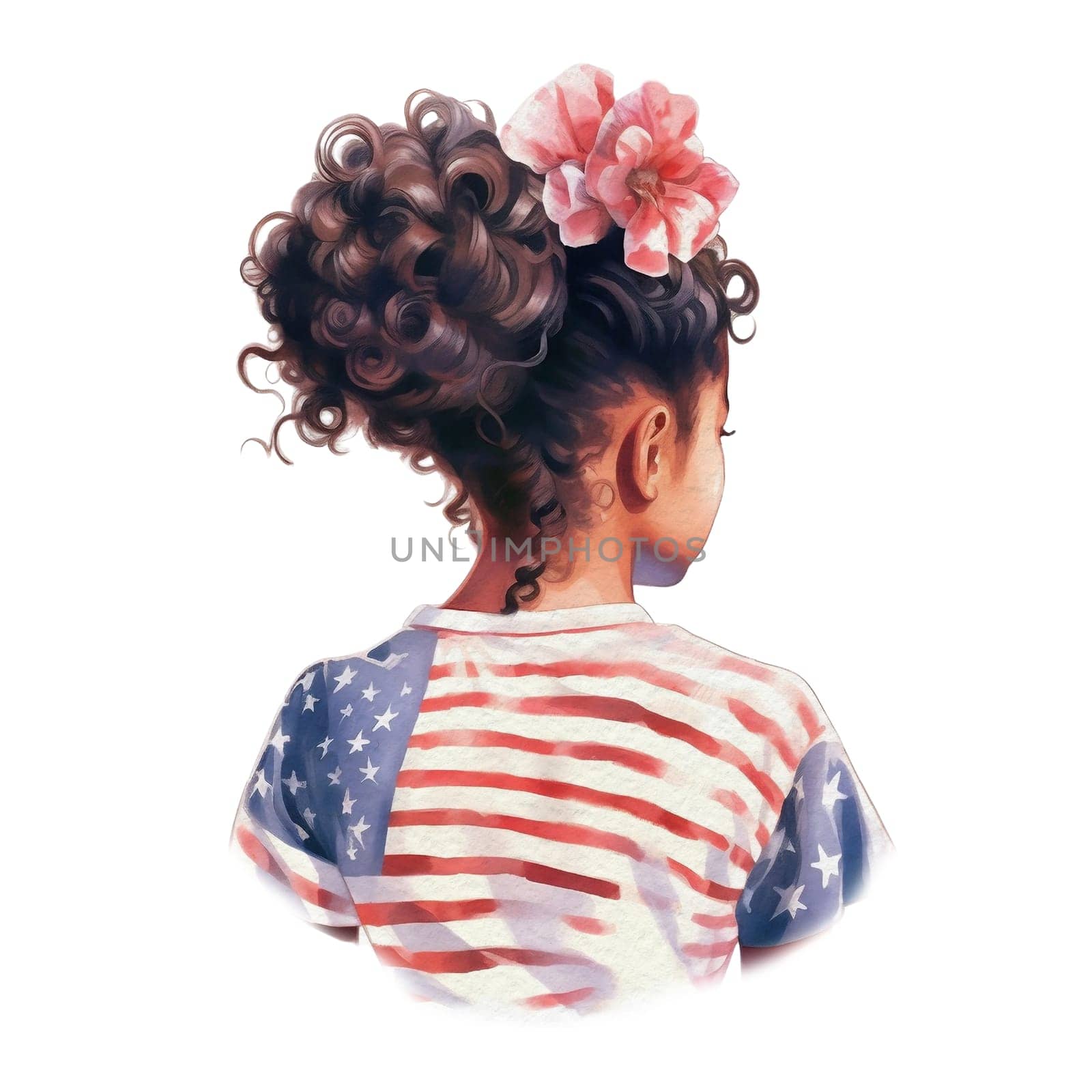 Watercolor American Messy Bun. Cute Afro American Girl with 4th of July accessories Illustration Clipart by Skyecreativestudio