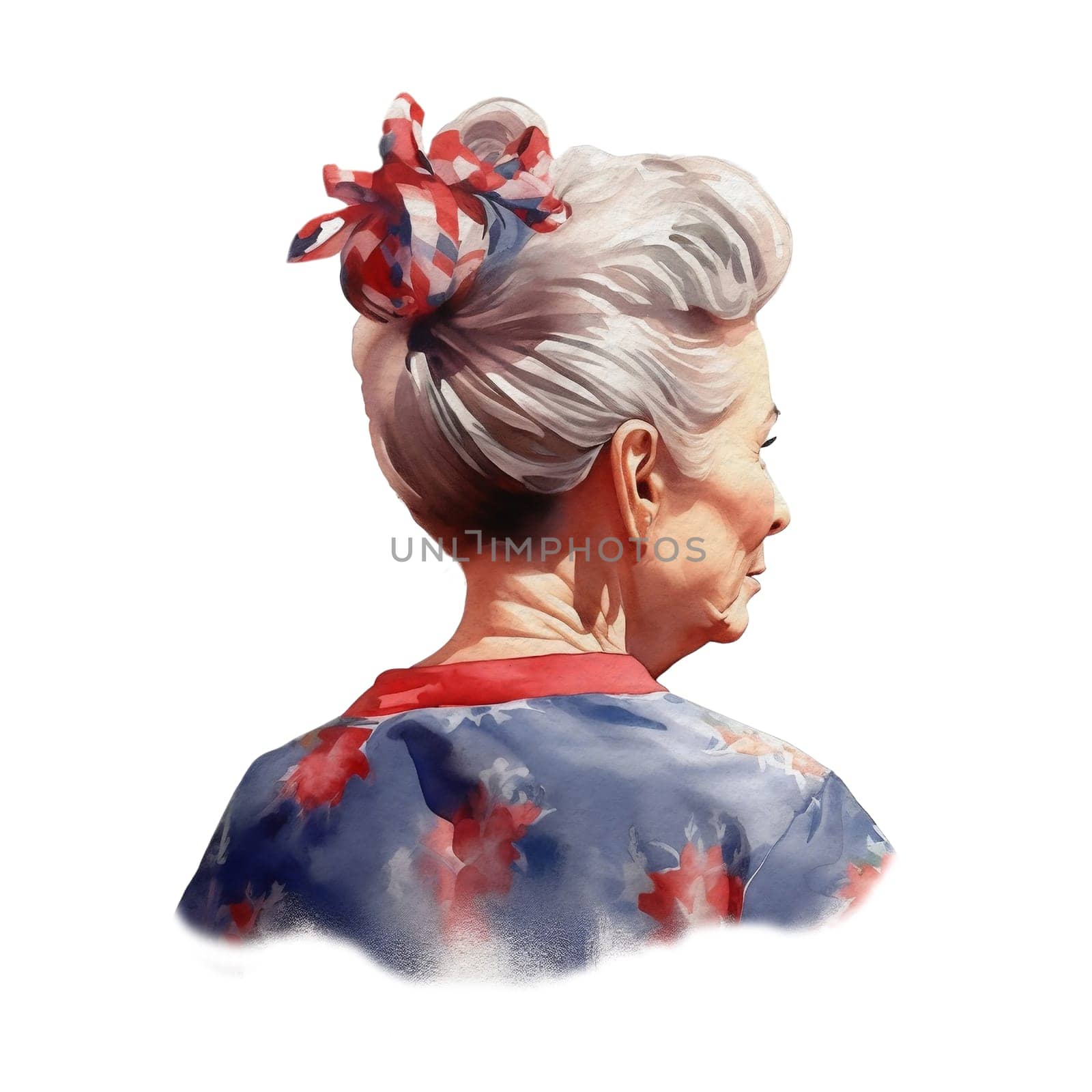 Watercolor American Old Lady Woman Messy Bun. American Woman with 4th of July accessories Illustration Clipart by Skyecreativestudio