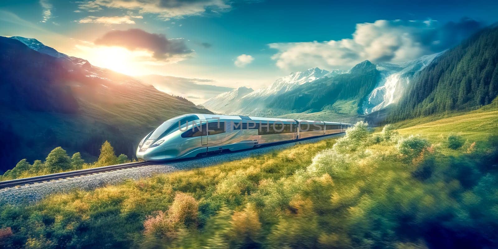 the modern high-speed train will pass through a beautiful picturesque landscape with mountains, banner, made with Generative AI.