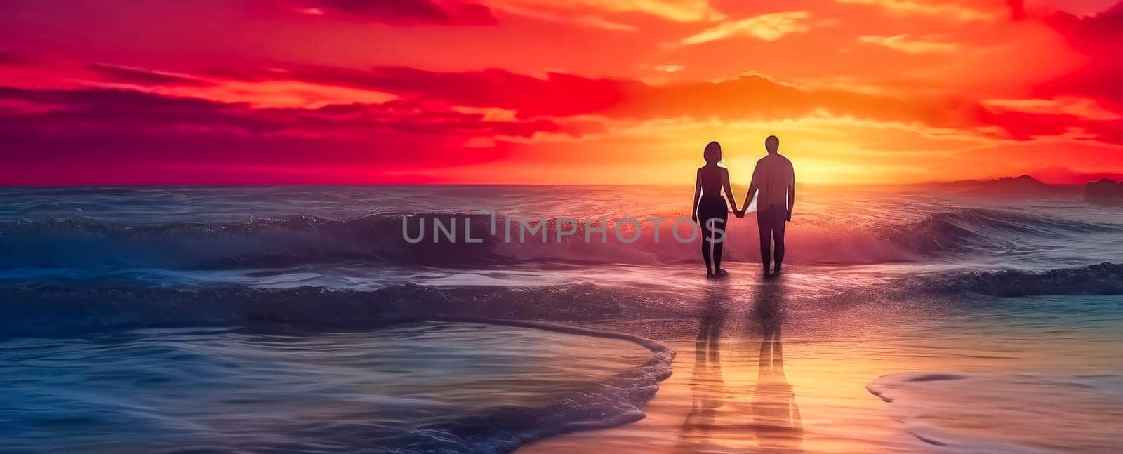 couple in love on the ocean shore at sunset, banner with copy space, made with Generative AI. High quality illustration