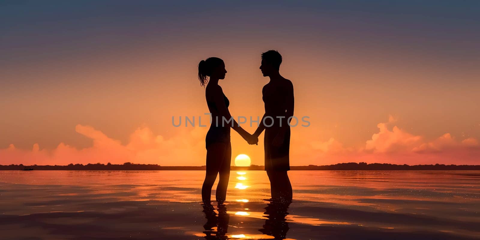 silhouettes, couple in love on the ocean shore at sunset, banner with copy space, made with Generative AI. High quality illustration