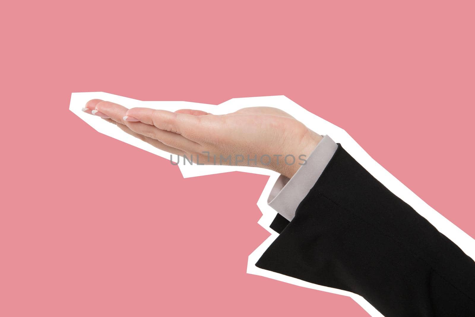 Hand of business woman holding copy space. Magazine style isolated