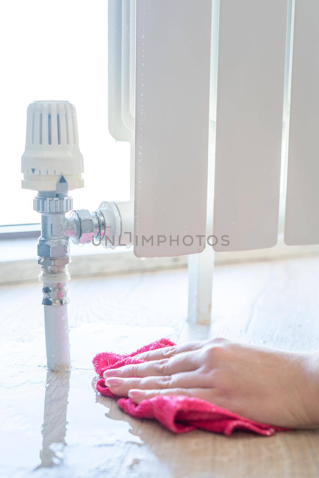Female hand with rag cleaning water from heating radiator leak by Mariakray