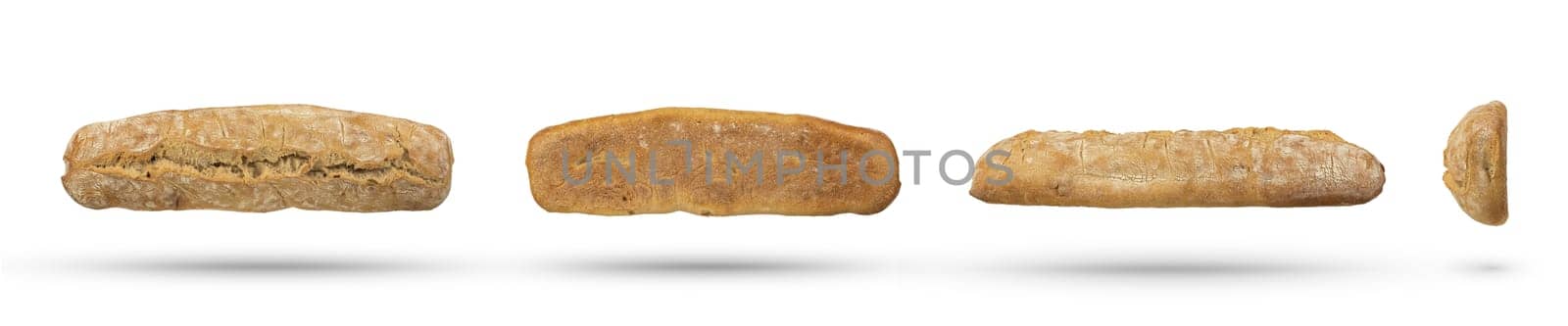 Set of loaves of fresh ciabatta bread from all sides on a white isolated background. A whole loaf of bread for a design or project from different angles on a white background. Italian pastry concept. by SERSOL