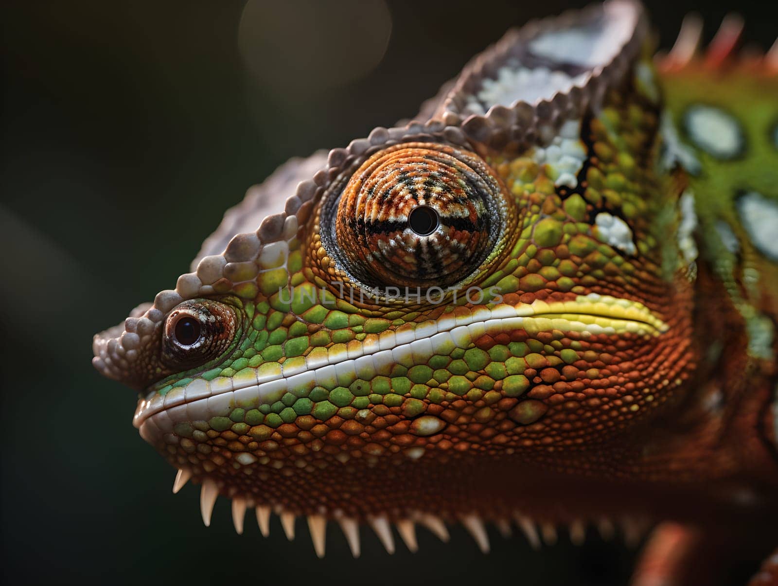 close up of a green red pigmented chameleon