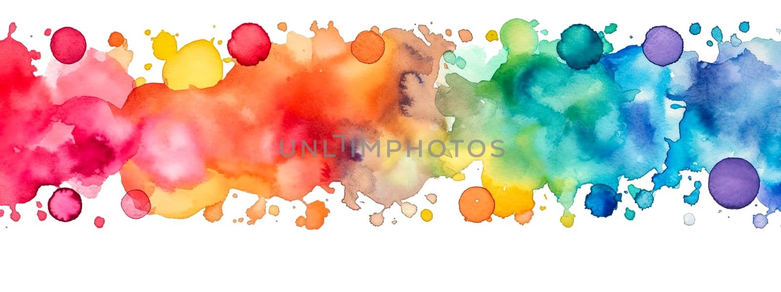 color spots watercolors on white paper background, banner with copy space, made with Generative AI by Edophoto