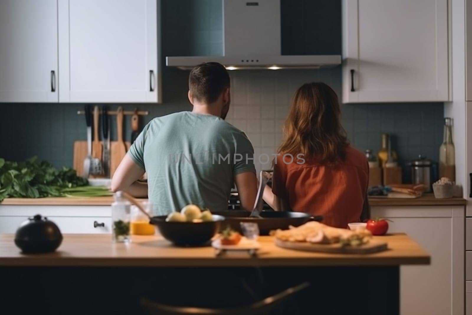 Beautiful young couple preparing a healthy meal together while spending free time at home. Secret ingredient is love. by Costin