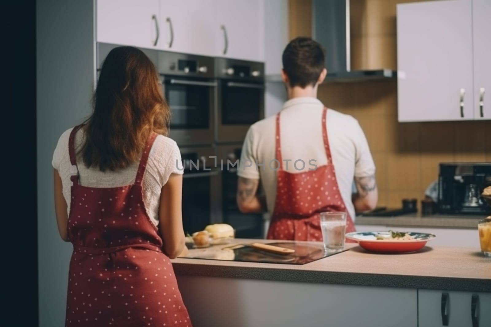 Beautiful young couple preparing a healthy meal together while spending free time at home. Secret ingredient is love. by Costin